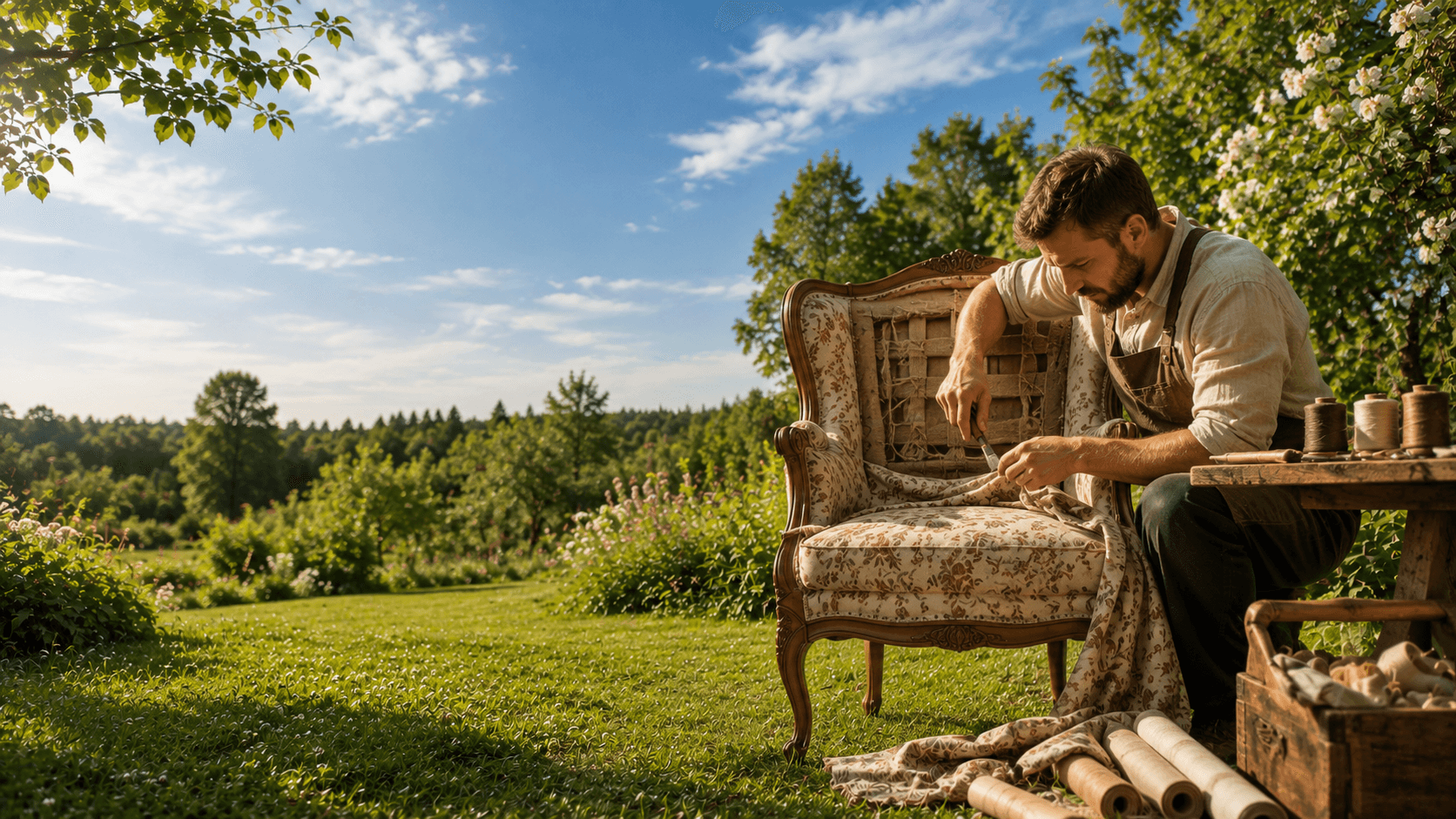 Furniture restorer reupholstering a floral antique armchair outdoors