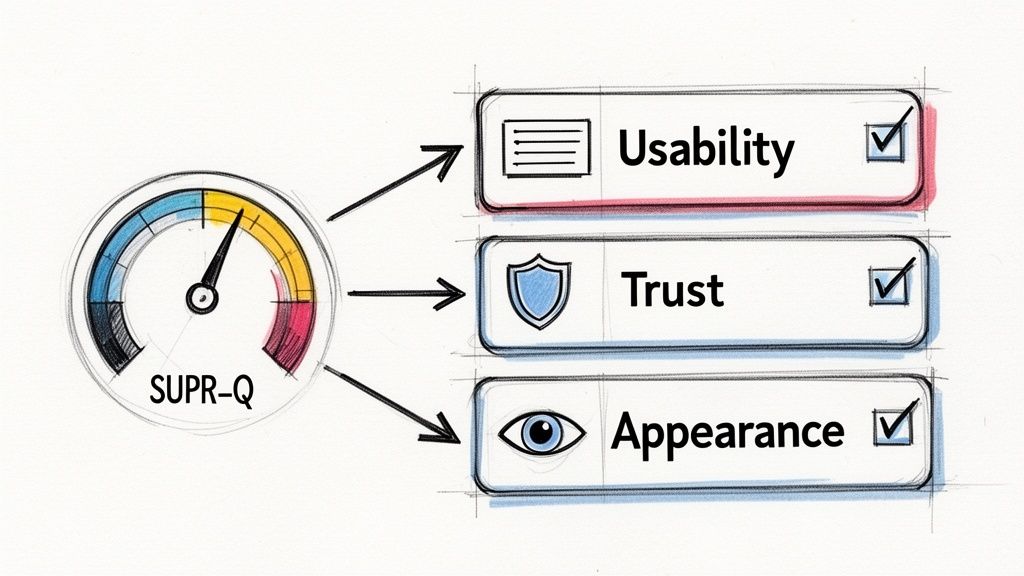 SUPR-Q gauge measuring Usability, Trust, and Appearance with high scores indicated by checkmarks.