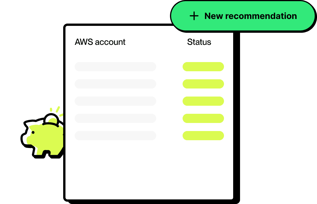 The image depicts a user interface screen showing a list of AWS account statuses alongside a glowing green piggy bank icon, symbolizing potential savings and efficiencies for cloud cost optimization.