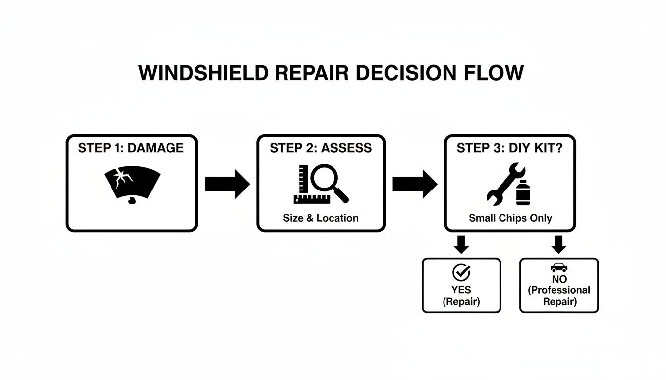 Decision flow chart for windshield repair, covering damage assessment, DIY kit suitability, and repair options.