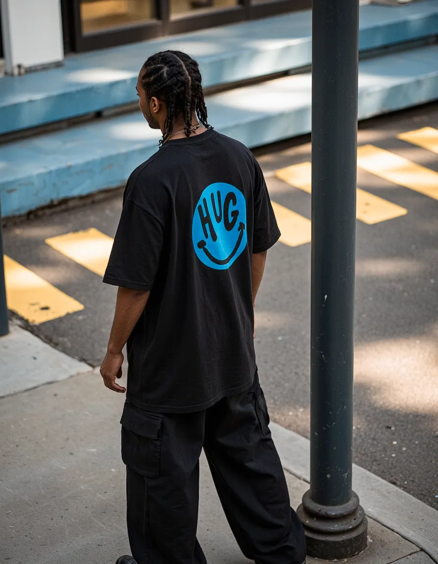 Person in black t-shirt with blue smiley face graphic, urban street style photography with crosswalk background