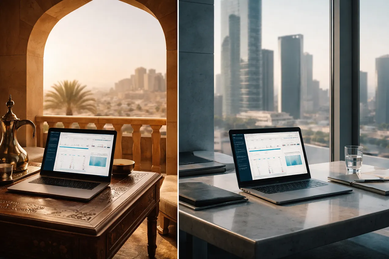 Two laptops show the same software interface, one on a traditional courtyard desk and one in a modern office overlooking Dubai.