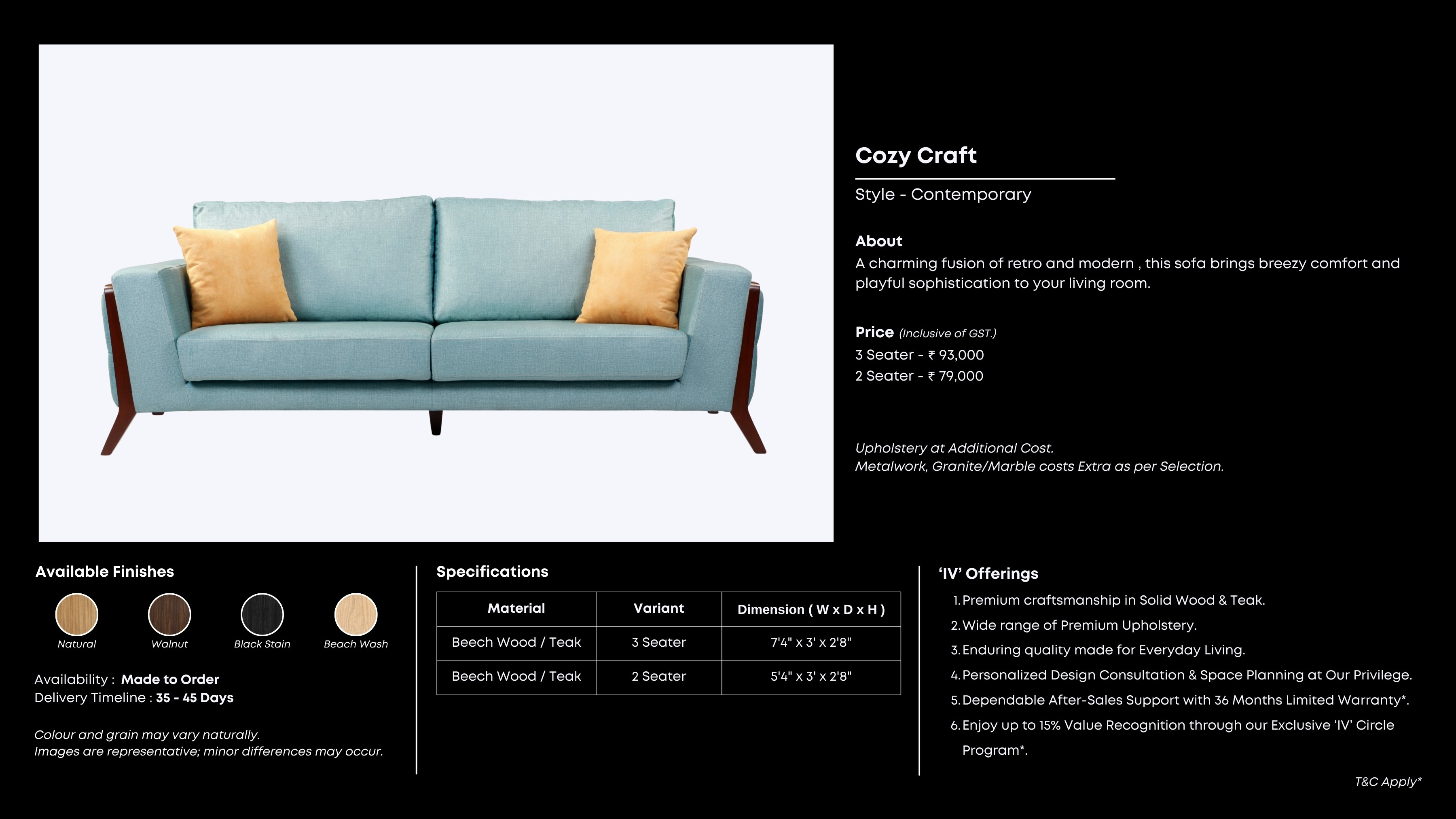 3-seater with teak arms and mustard cushions in retro-modern style.