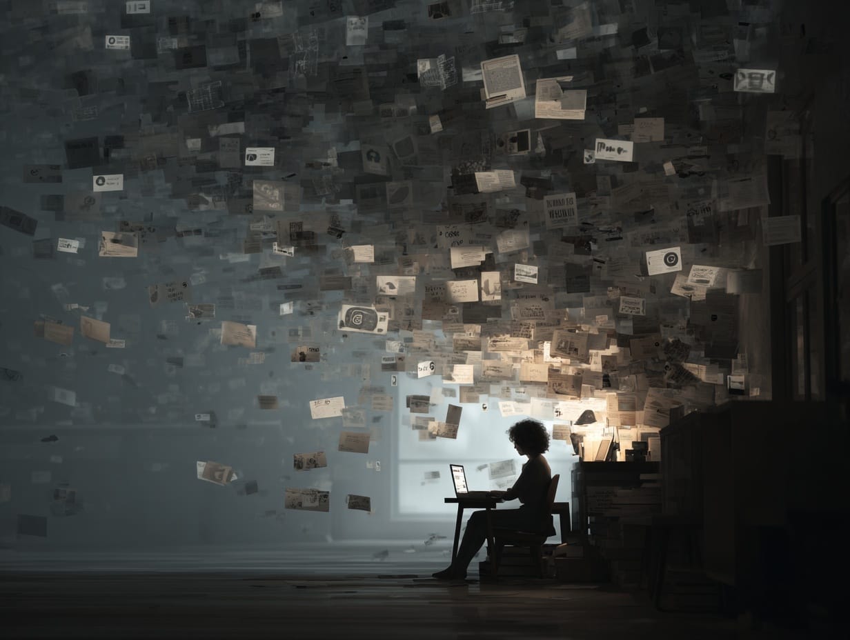 A writer surrounded by chaotic digital notifications and popups on their laptop screen.