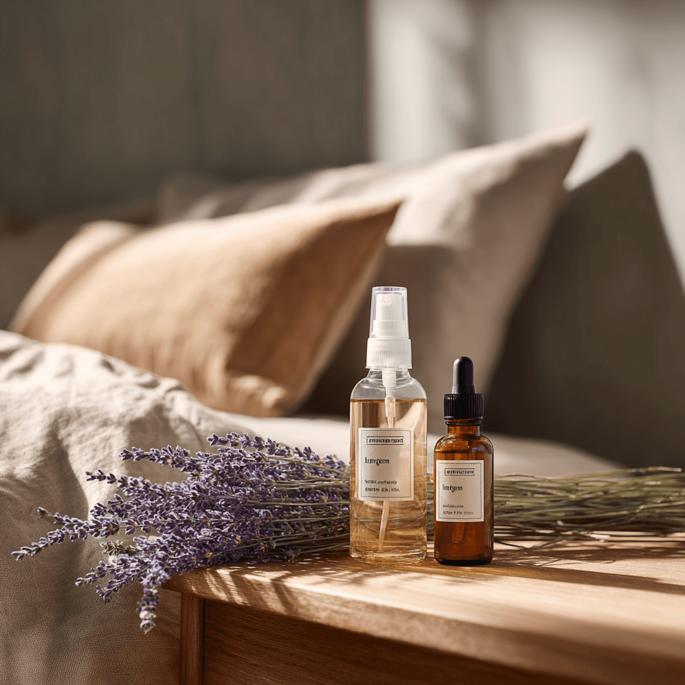 A wooden bedside table with skincare bottles and dried lavender, bathed in warm sunlight, creating a serene and cozy atmosphere.