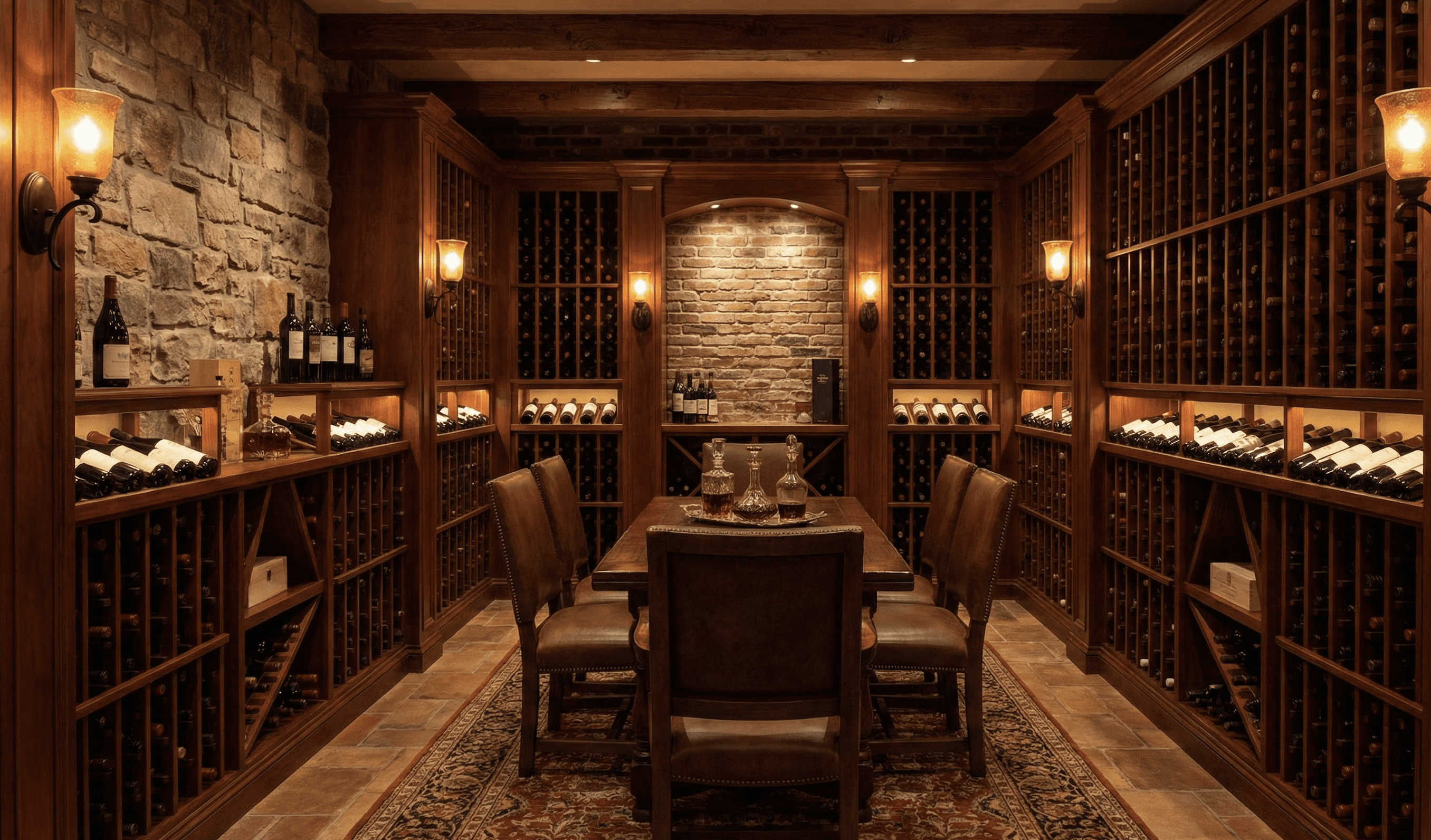 Luxury traditional wine cellar with brick and stone walls, custom dark wood racking, tasting table and leather chairs, designed for high-capacity wine storage