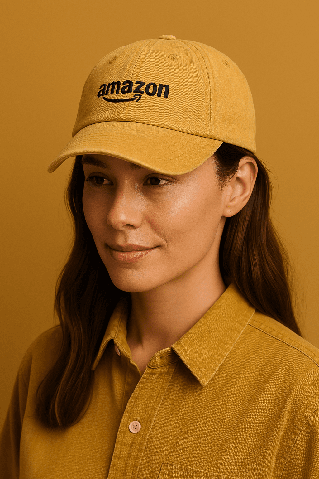Gros plan d'une femme portant une casquette jaune moutarde brodée du logo Amazon, assortie à une chemise du même ton, sur un fond doré.