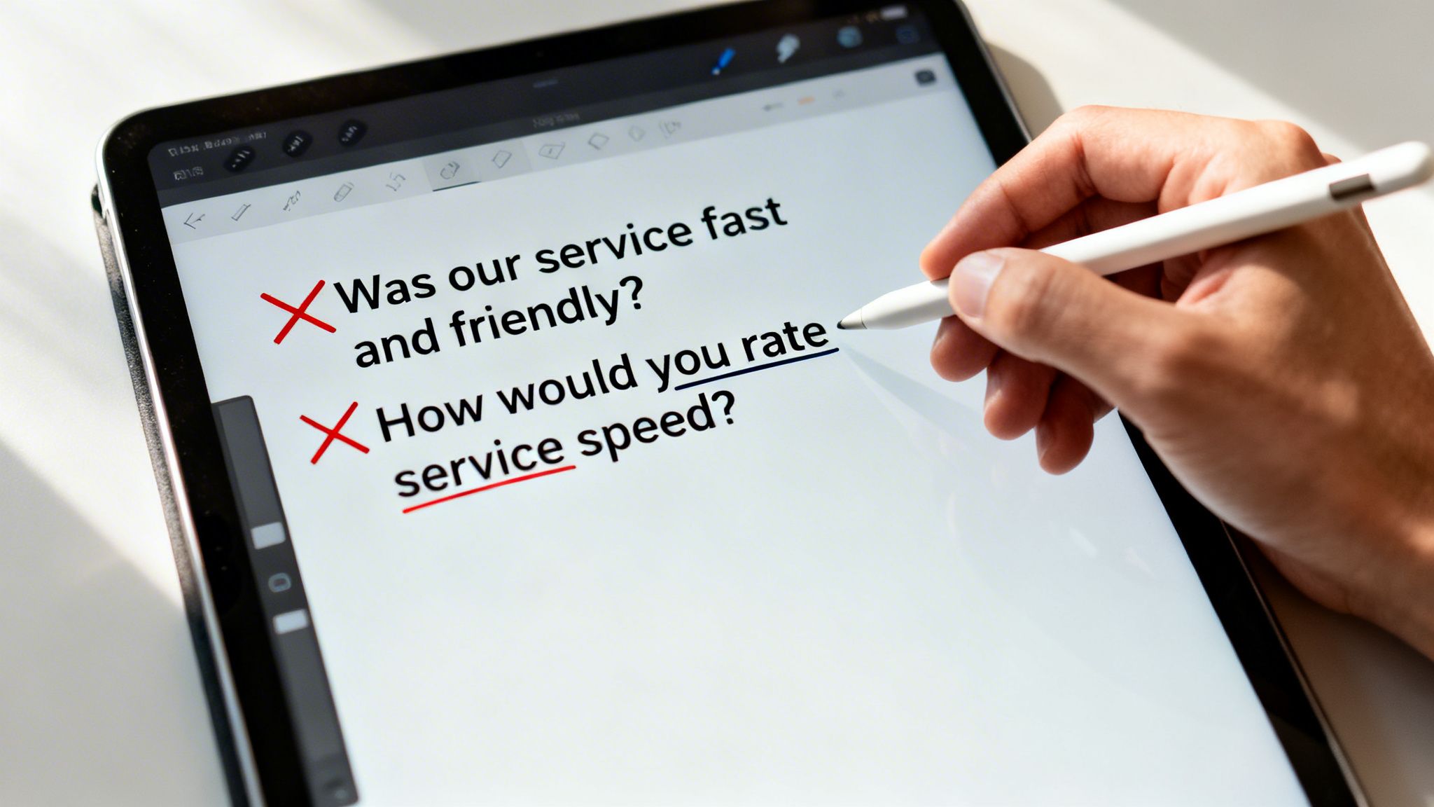A person uses a stylus on a tablet, editing survey questions about service speed and friendliness.