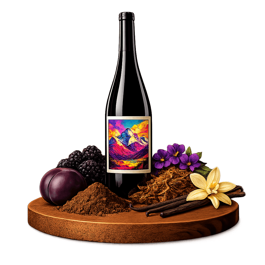 Artistic label and flavor profile for Argentinian Malbec on a rustic wooden table.