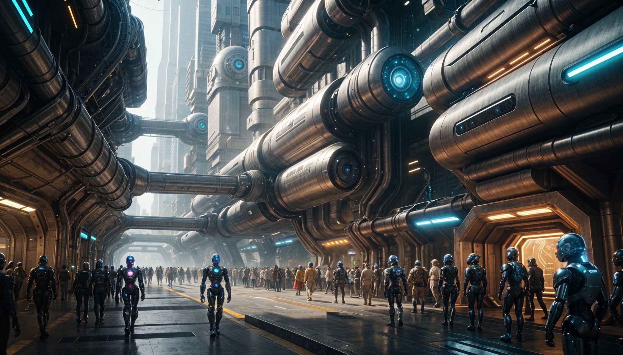 Futuristic city district, crowded with advanced robots and cyborgs, surrounded by high-tech metallic walls with illuminated panels and large structures, creating a busy, industrial sci-fi atmosphere.