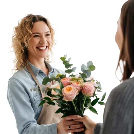 A woman handing a bouquet to another woman