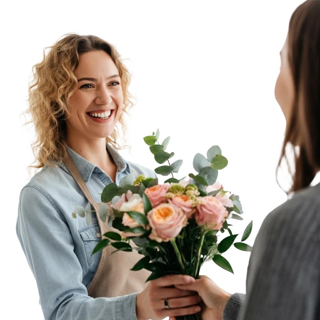 A woman handing a bouquet to another woman