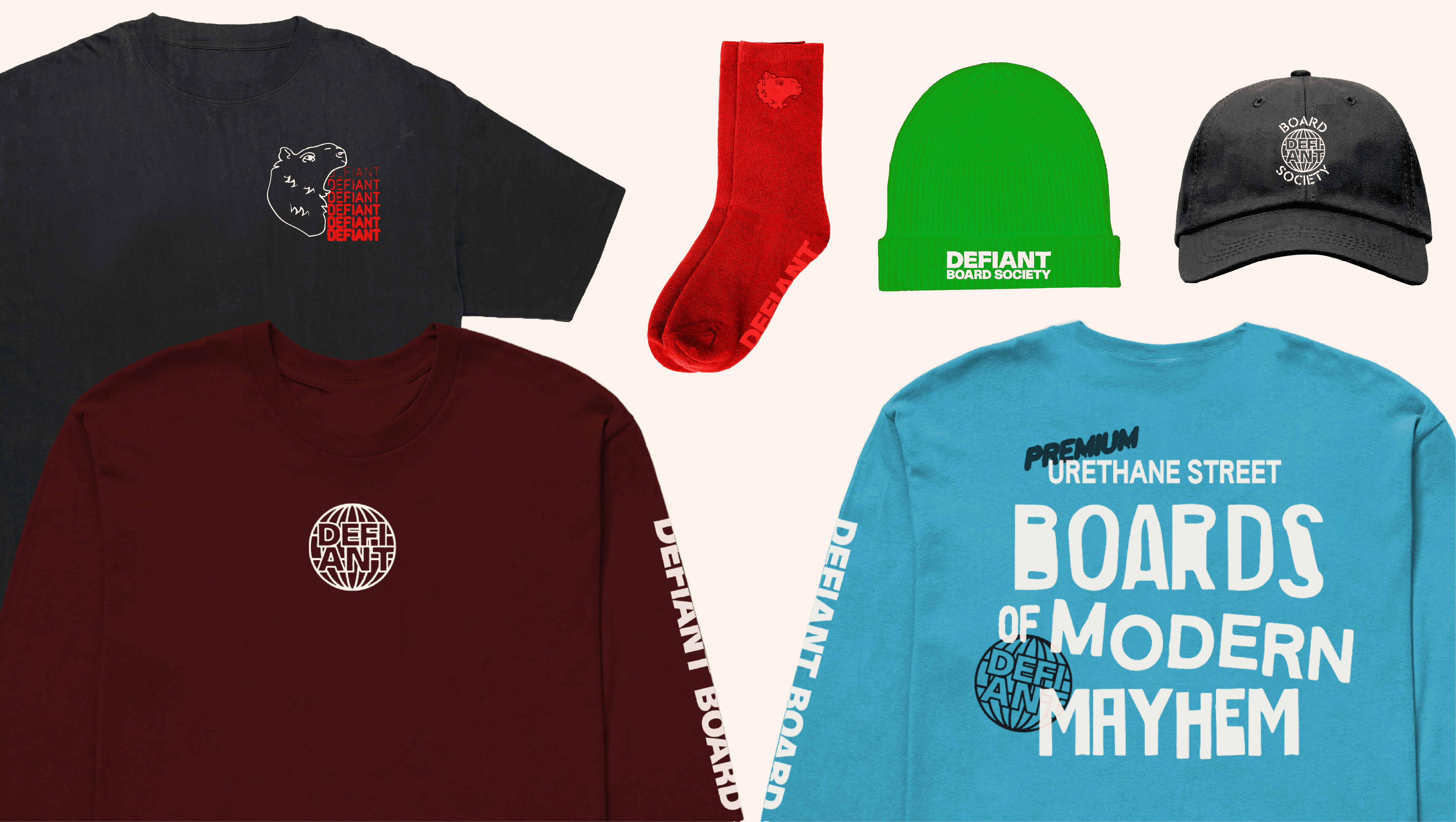 Branded apparel including t-shirts, beanie, hat, and socks with Defiant Board Society graphics