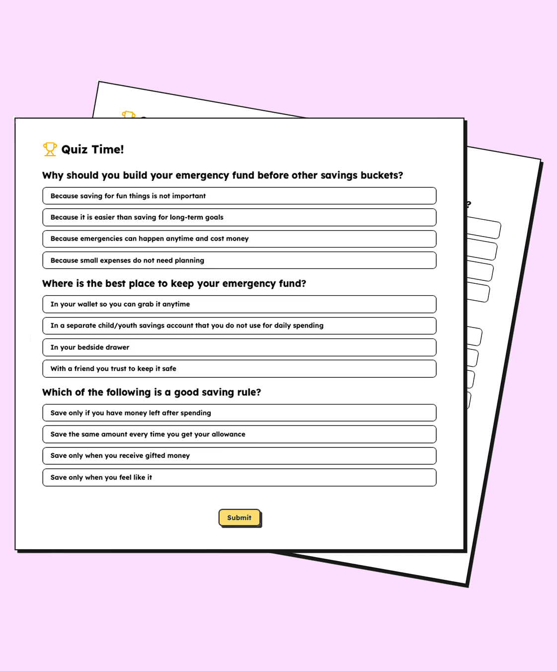 Interactive quiz that checks financial understanding with instant feedback