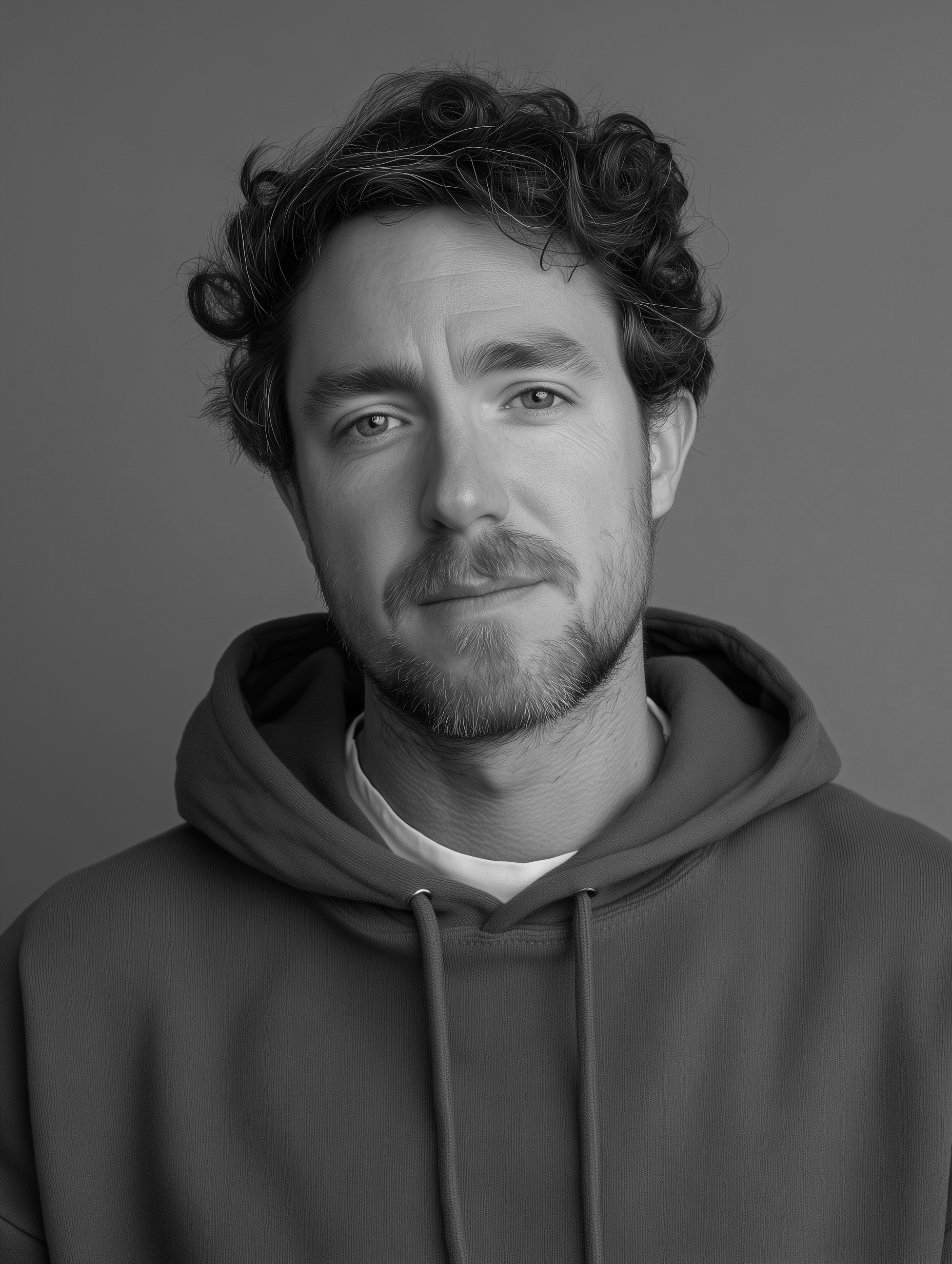 Person with light blue shirt looks to his right side