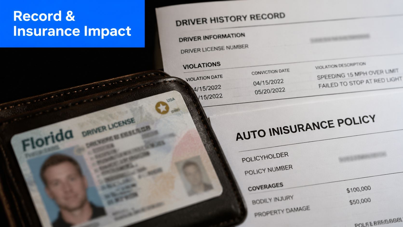A Florida driver license, a driver history record document, and an auto insurance policy document on a table.