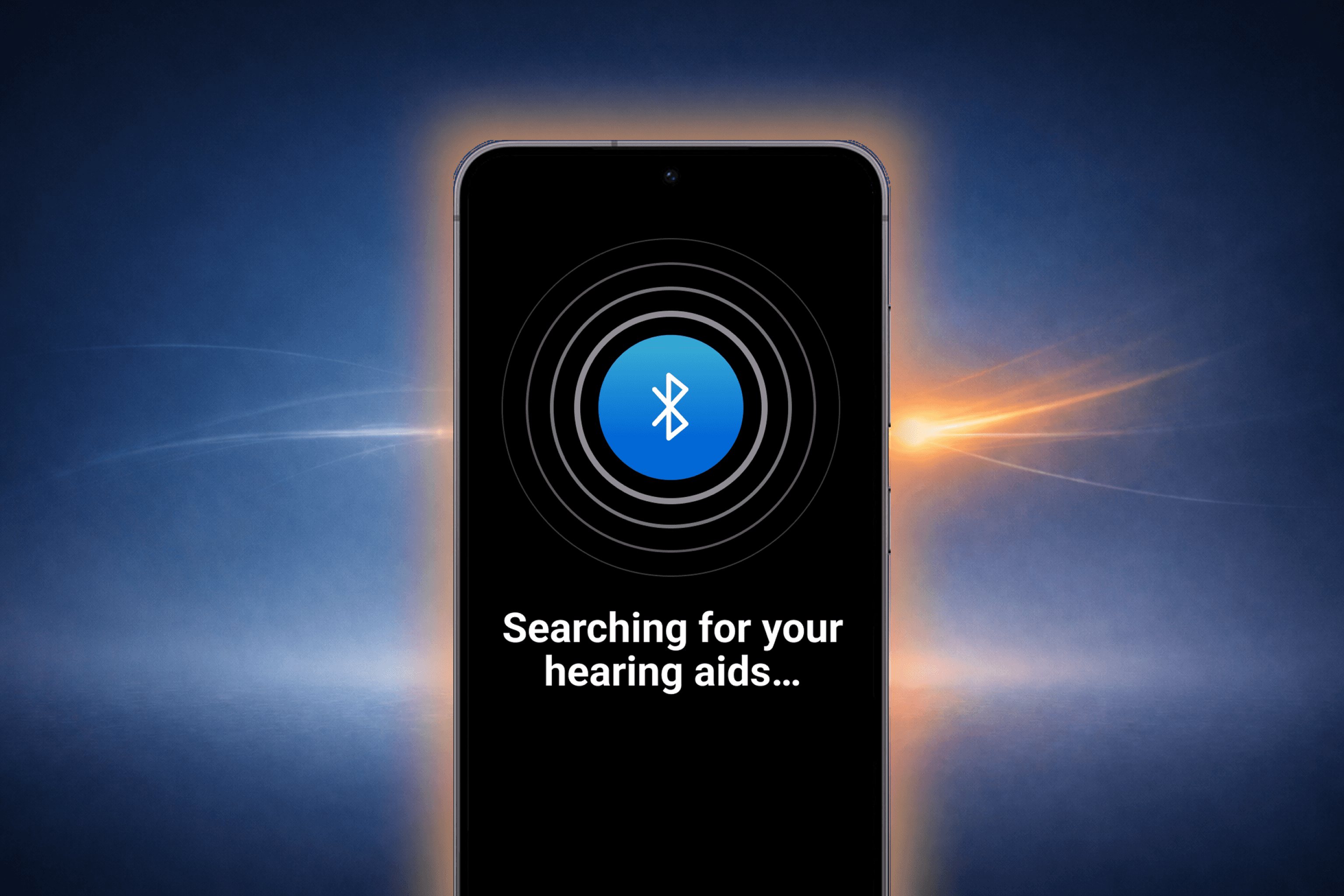 A smartphone screen shows a large Bluetooth icon with concentric signal rings and the message “Searching for your hearing aids…” set against a blue gradient background with subtle light streaks.