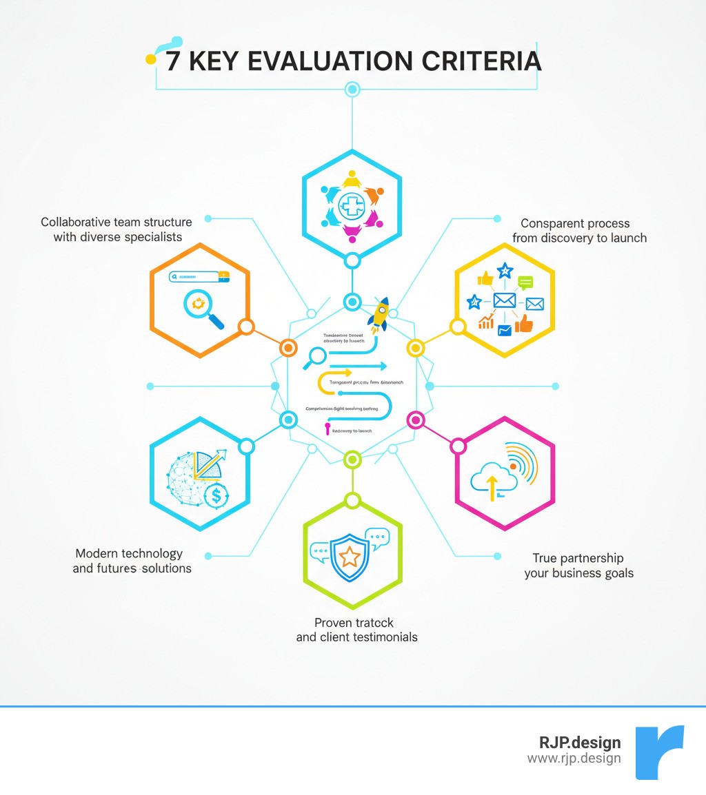 Infographic showing the 7 key evaluation criteria: 1. Collaborative team structure with diverse specialists, 2. Transparent process from discovery to launch, 3. Comprehensive digital marketing services, 4. Data-driven ROI measurement, 5. Proven track record and client testimonials, 6. Modern technology and future-proof solutions, 7. True partnership focused on your business goals - why you should choose us as your web design agency infographic 