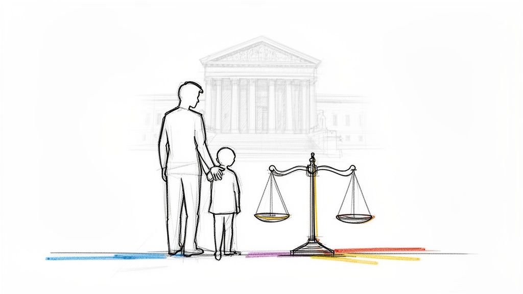 Illustration of a man and child at a courthouse with scales of justice, representing family law.