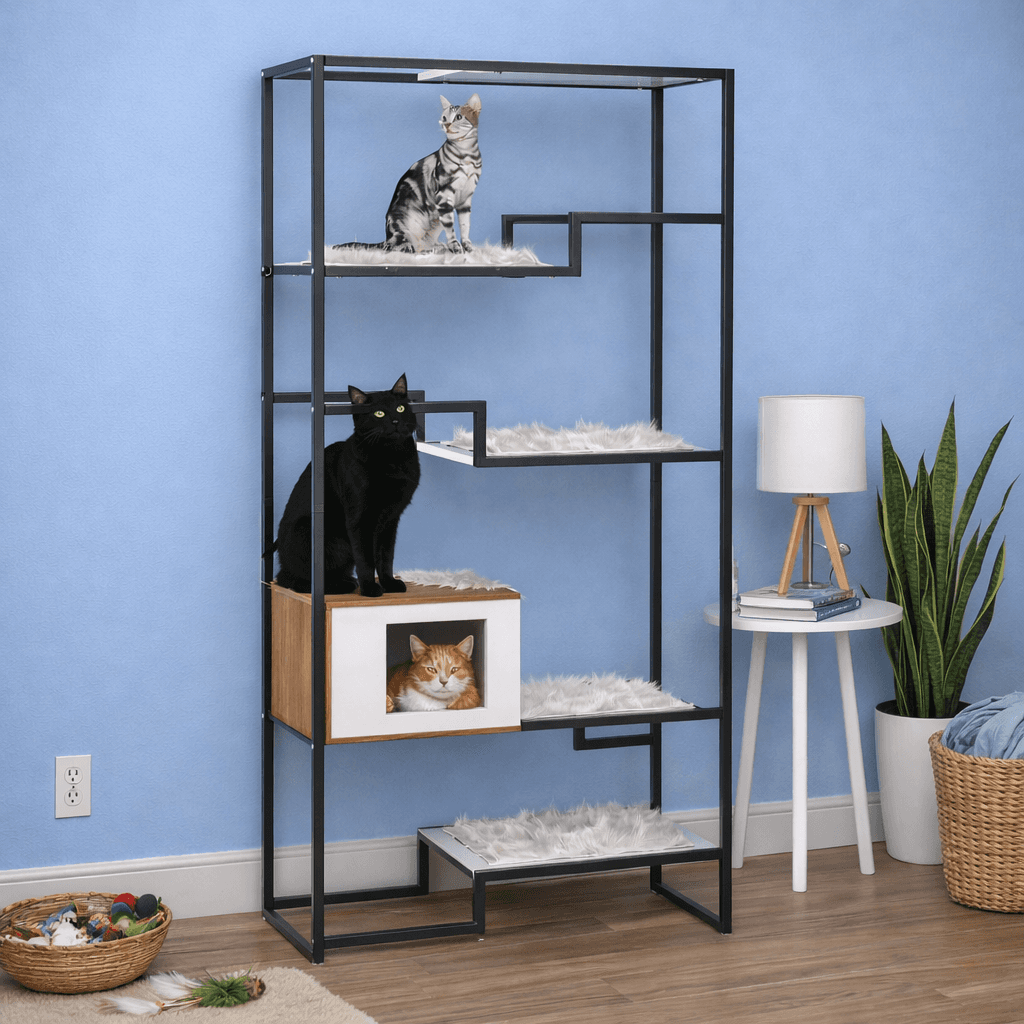 The Refined Feline Metropolitan Cat Condo cat trees setup.