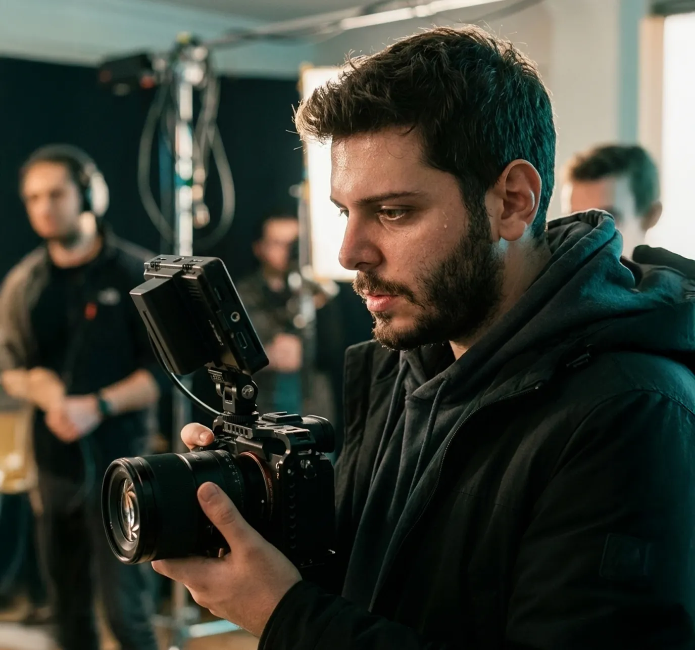 A young person in silver sports sunglasses, a white shirt, and a black sweater sits on the floor, holding an open book and leaning against a teal couch.
