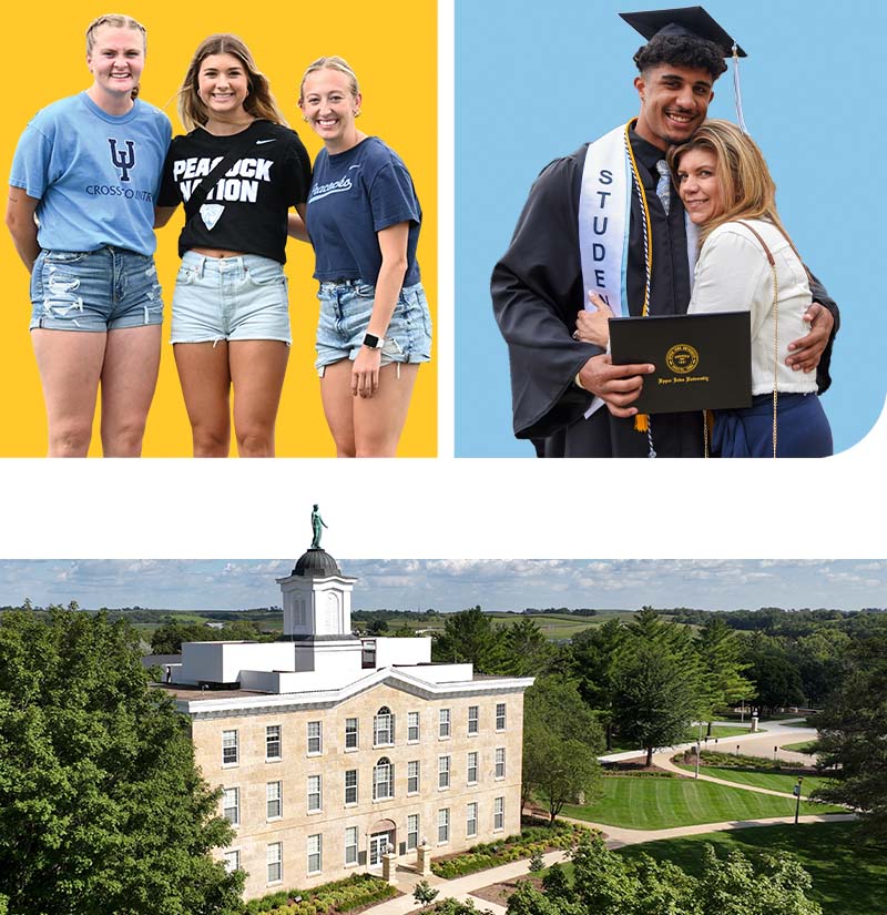 A collage of photos including three happy students posing as a group, a UIU graduate wearing cap and gown and posing with a loved one, and an arial view of campus with large historic limestone building.