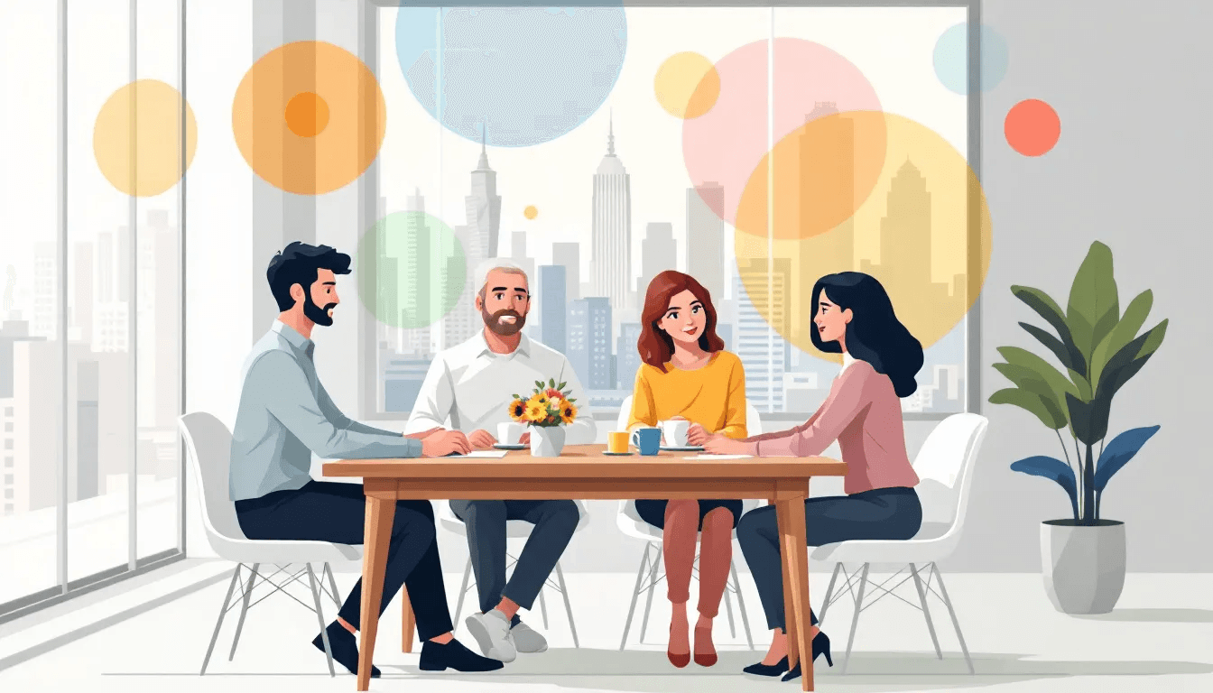 A family discussing estate planning around a table.