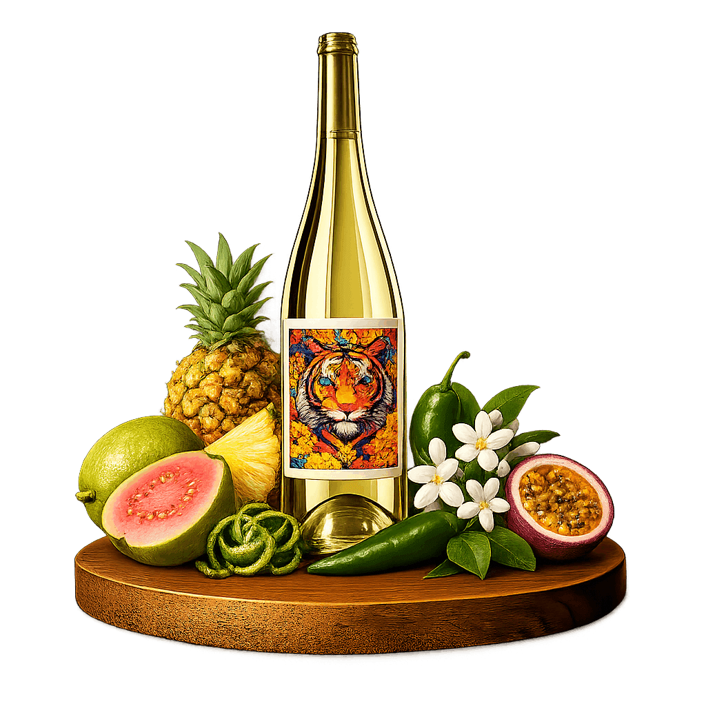 Artistic label and flavor profile for Indian White Blend on a rustic wooden table.