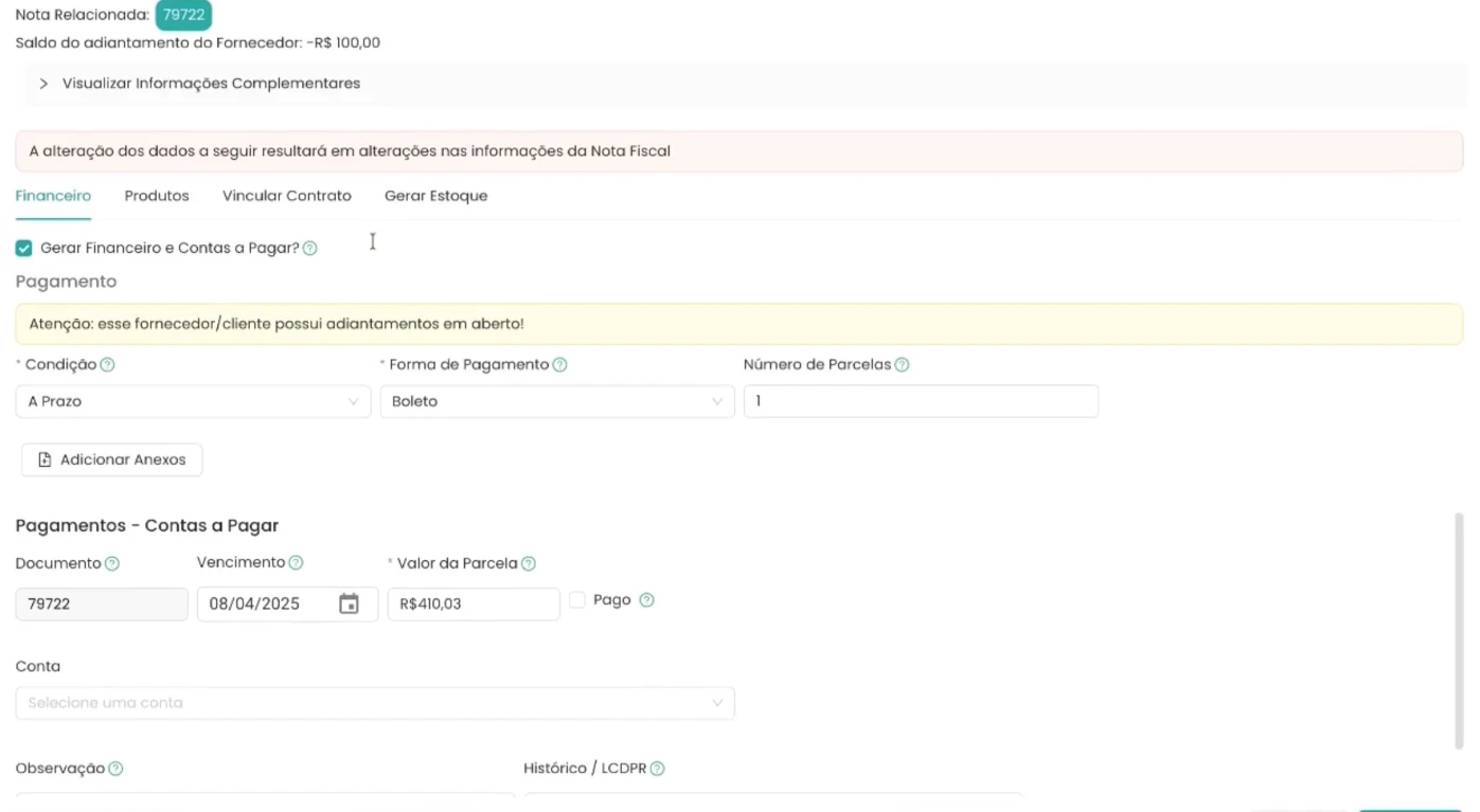 print da tela de processamento de notas fiscais