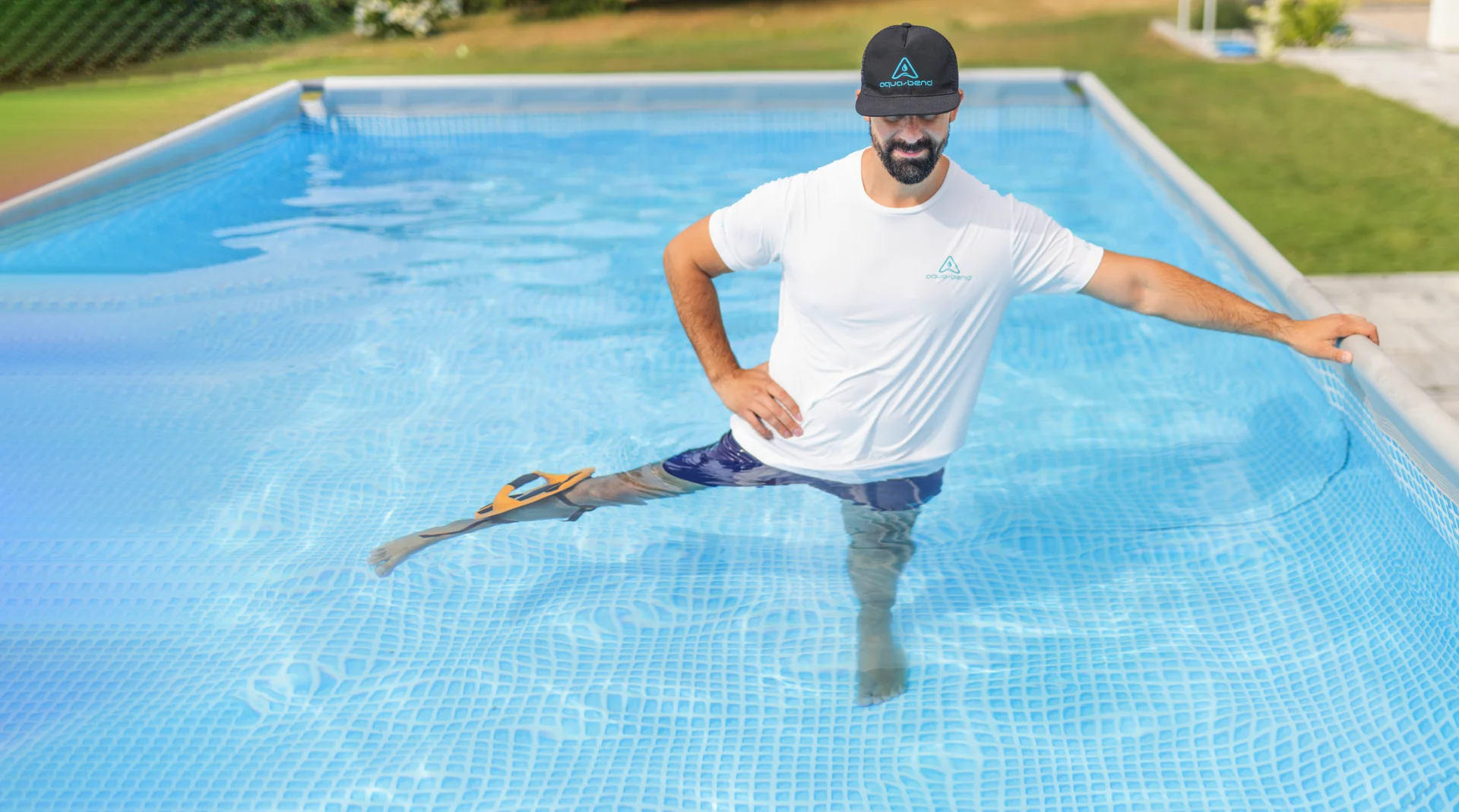 Man performing side leg raise in pool with Aqua-Bend Kinetic Edition disc strapped to the leg