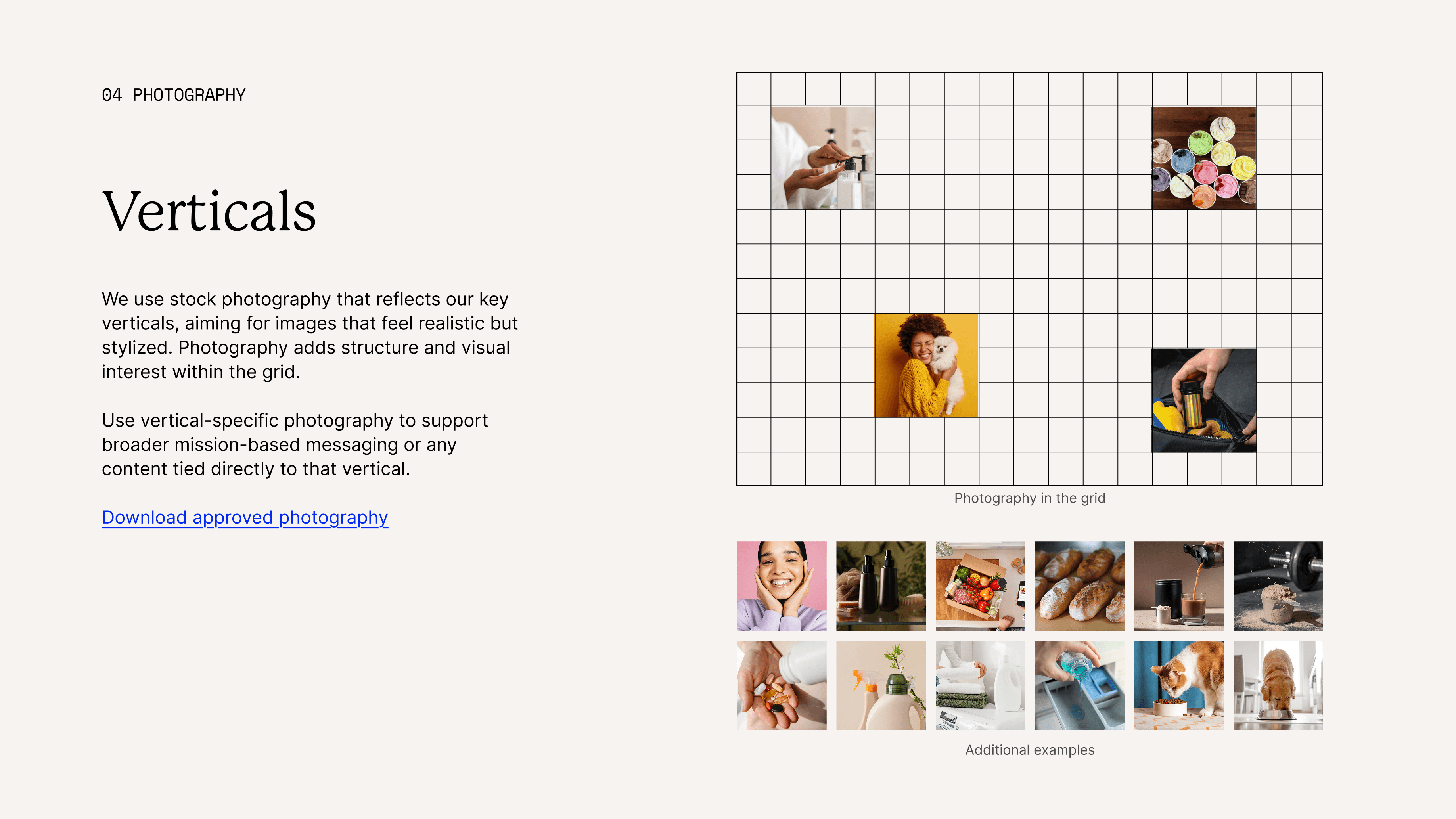 Recharge brand guidelines page showing photography verticals used across the grid