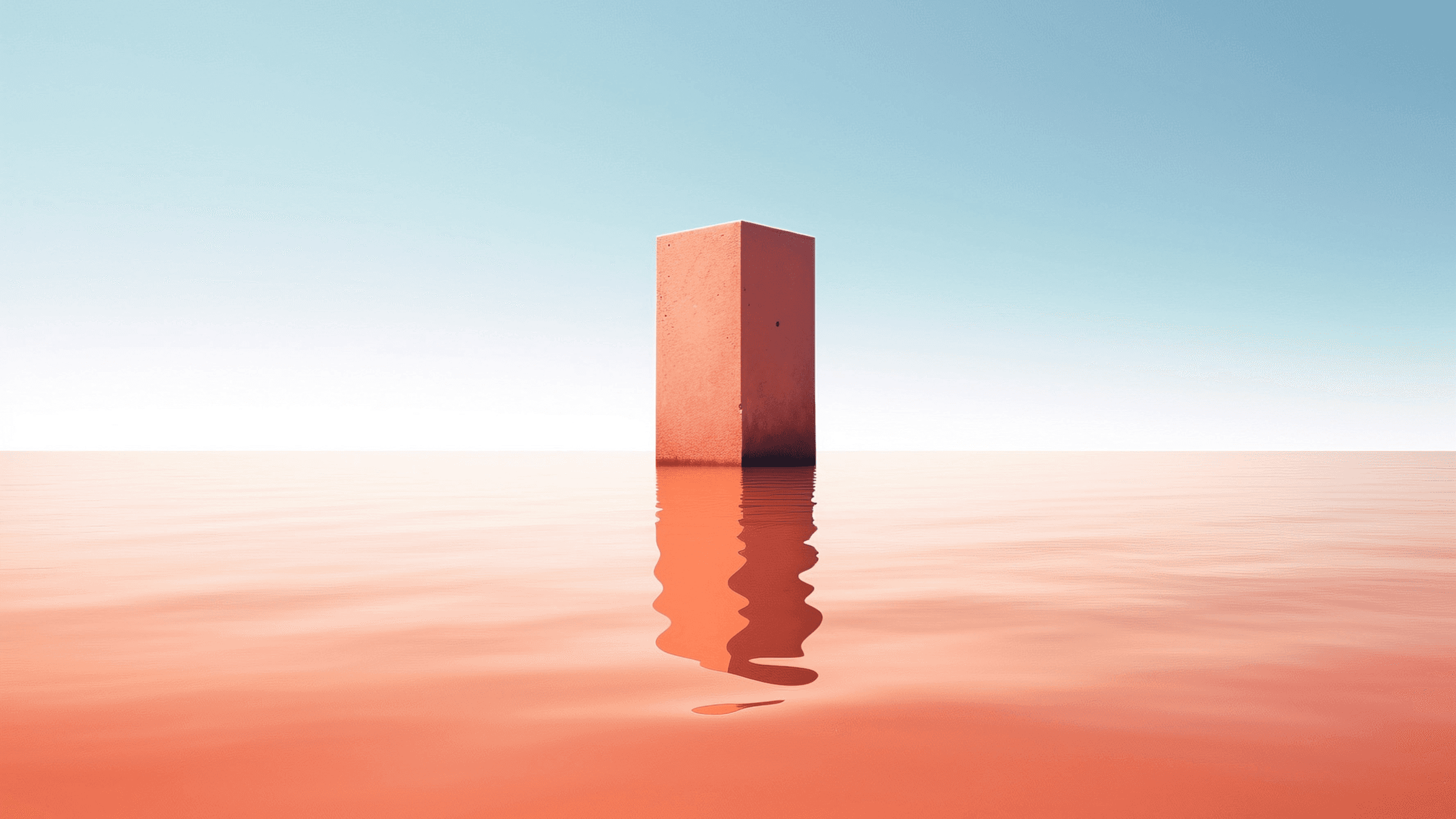 White building with pink door under blue sky, pink ground