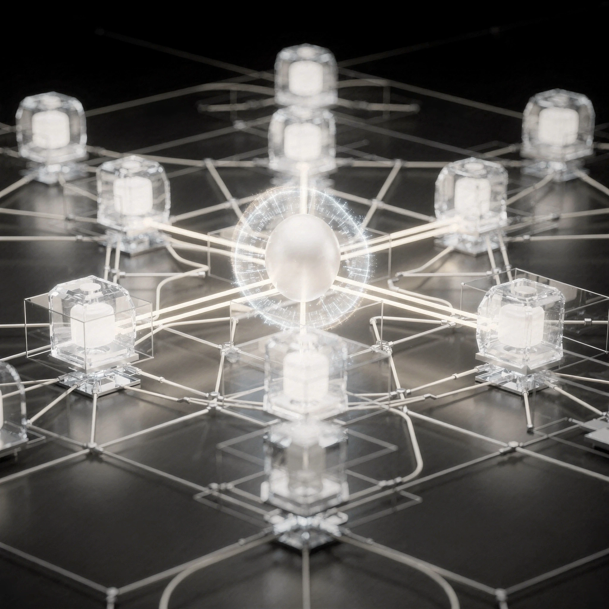 A network of glowing white cubes connected by luminous lines