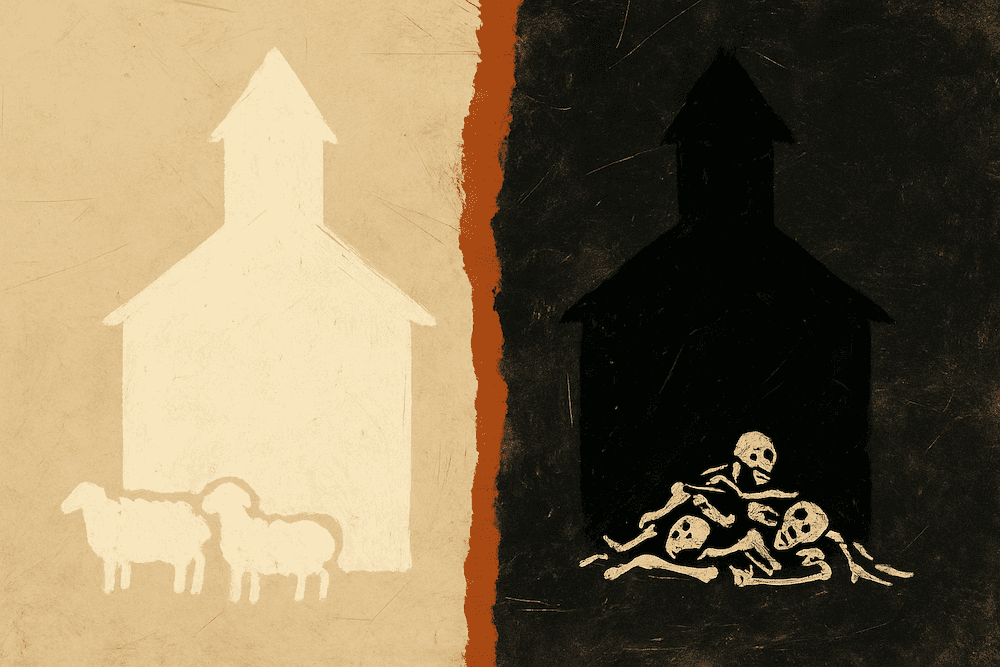 A textured split-image collage showing two symbolic churches. On the left, a light, simple church sits above two sheep against a warm beige background. On the right, a dark church sits above a pile of bones against a charcoal background. A torn paper edge runs vertically between them, highlighting the contrast between a healthy church and a harmful one.