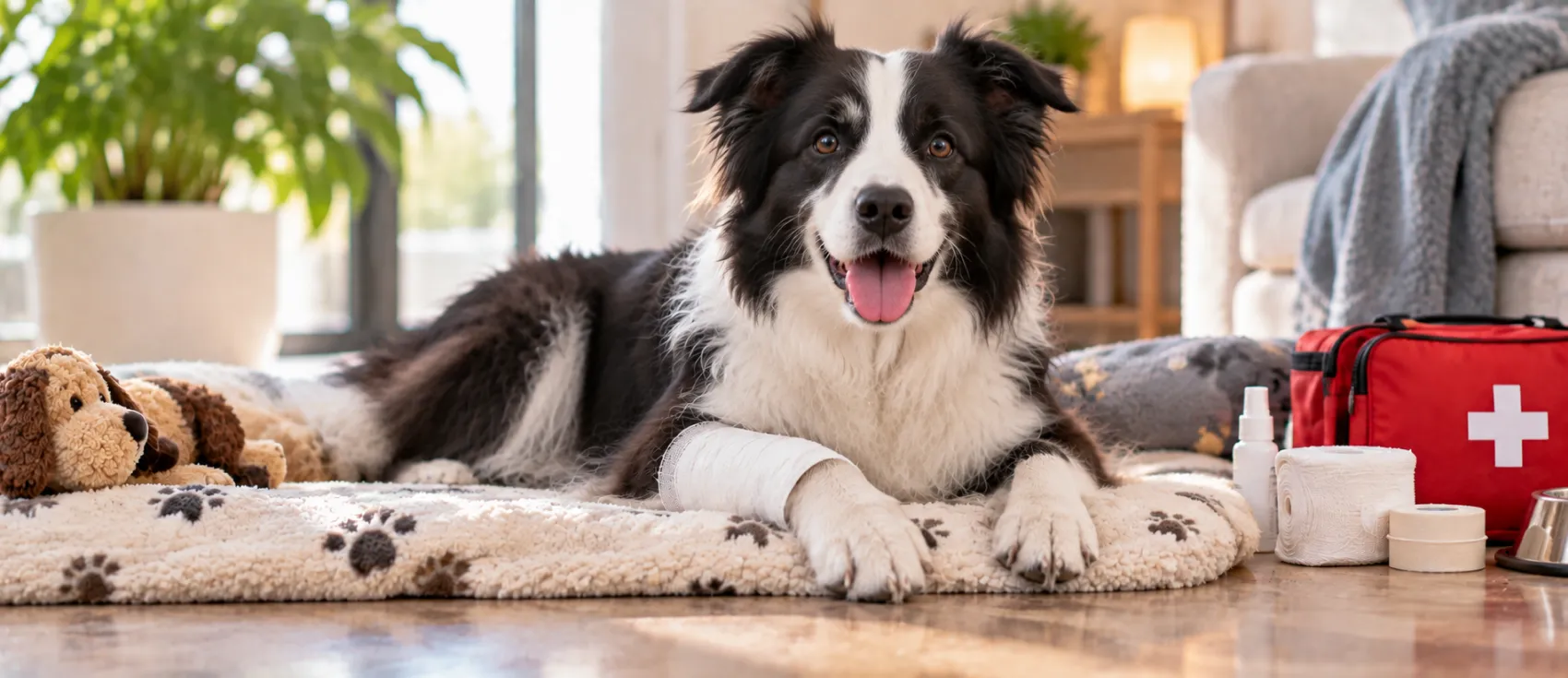 Border collie with a bandaged leg resting beside a first aid kit.