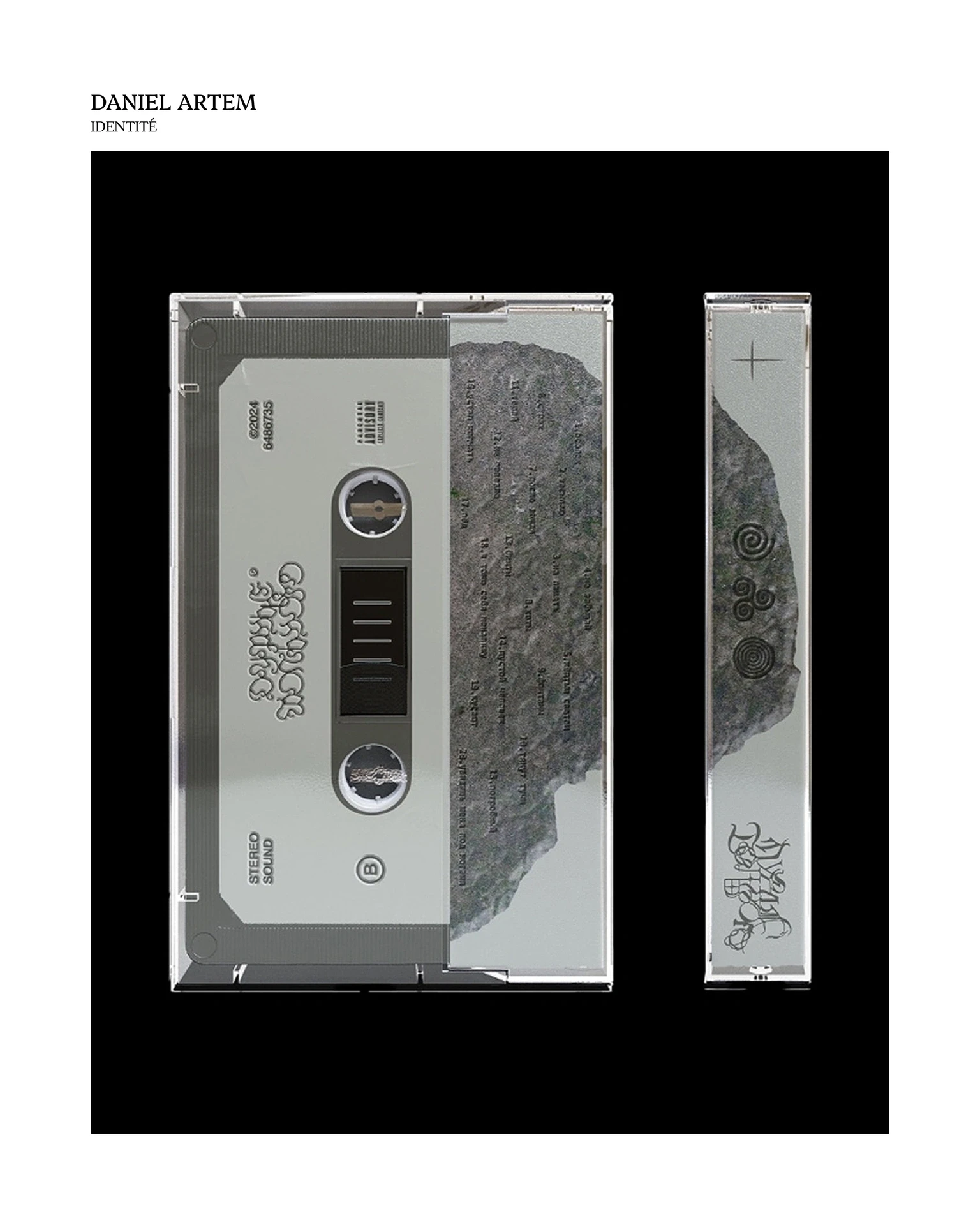 Installation artistique murale composée de panneaux rectangulaires noirs encadrés, présentant des compositions graphiques en noir et blanc. Au centre, une forme organique stylisée rappelant un serpent ou une silhouette abstraite.