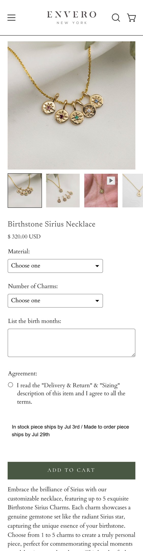 Jewelry product options include: necklace, pendant, birthstone for Birthstone Sirius Necklace from Envero.