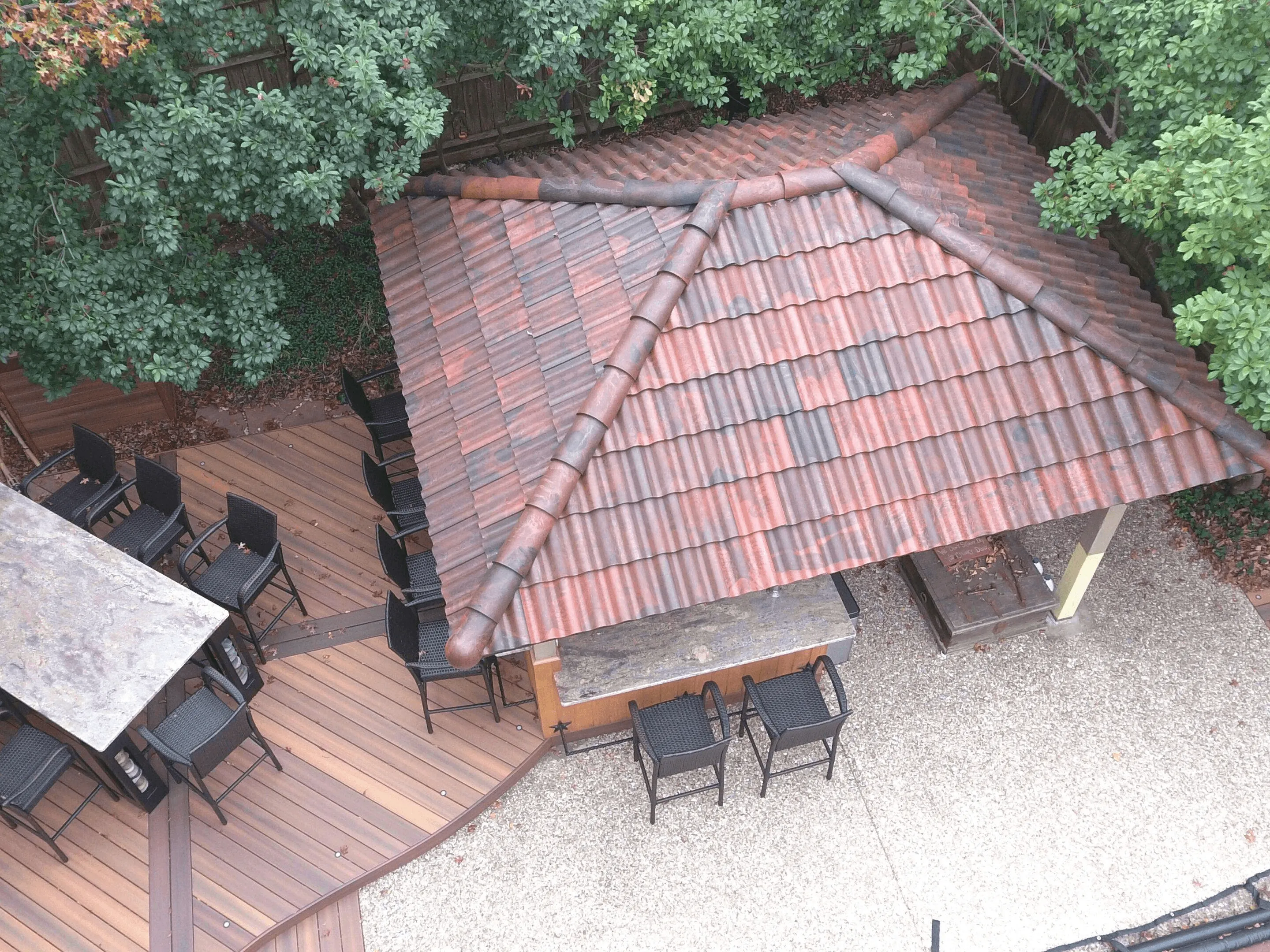 Close-up synthetic slate roofing detail Dallas historic home restoration with decorative ridge caps
