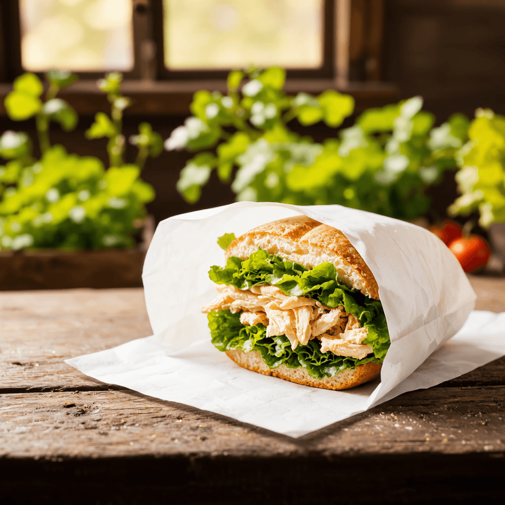 product photography of a wrapped sandwich with layers of lettuce and chicken