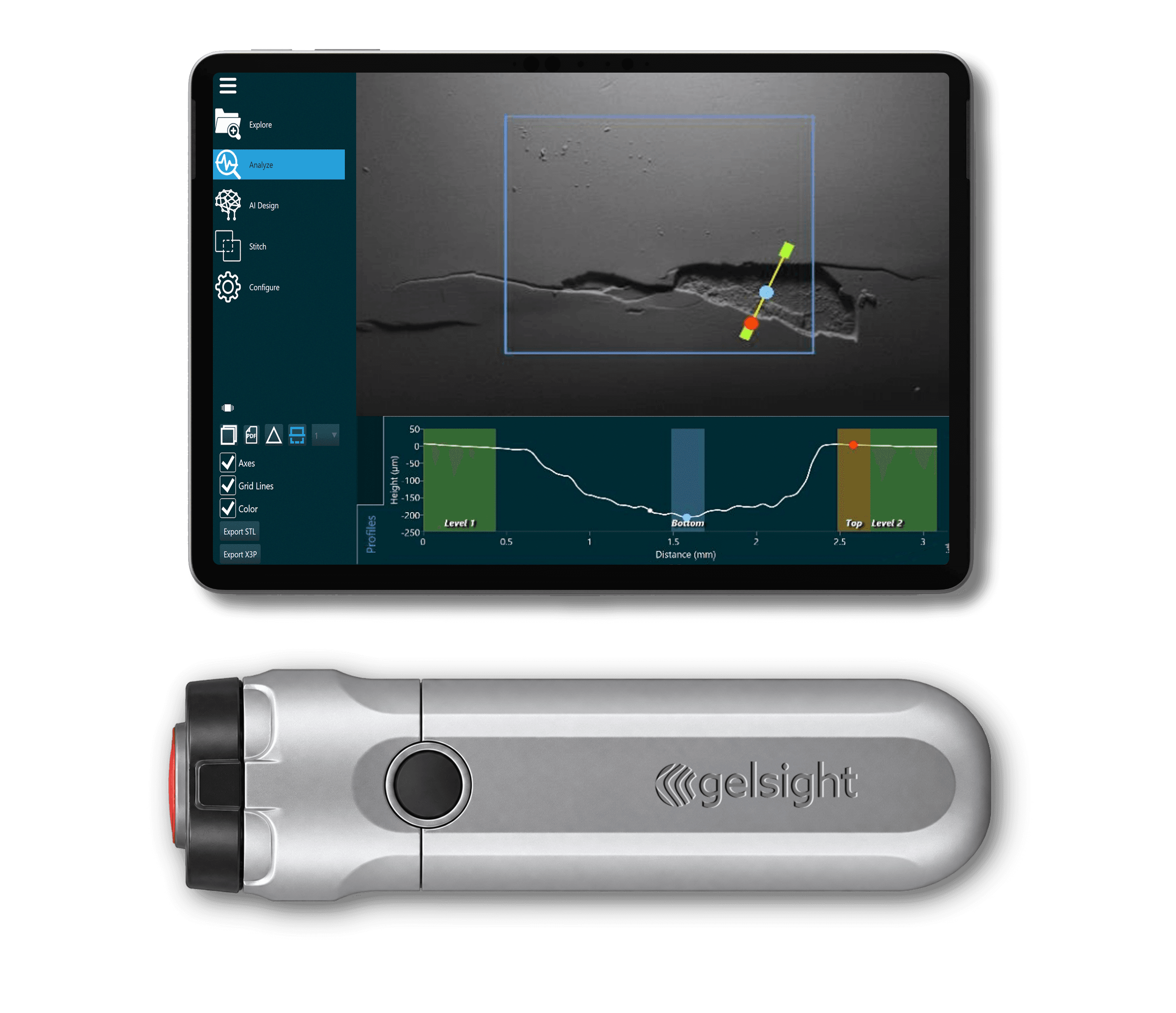 GelSight Mobile from AIET Group with tablet and software and 3D image map of surface damage on metal surface