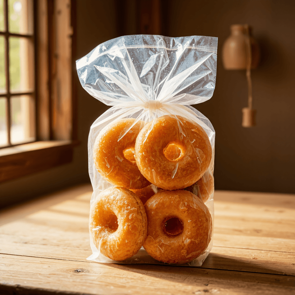 product photography of a bag of family doughnuts coated with honey syrup