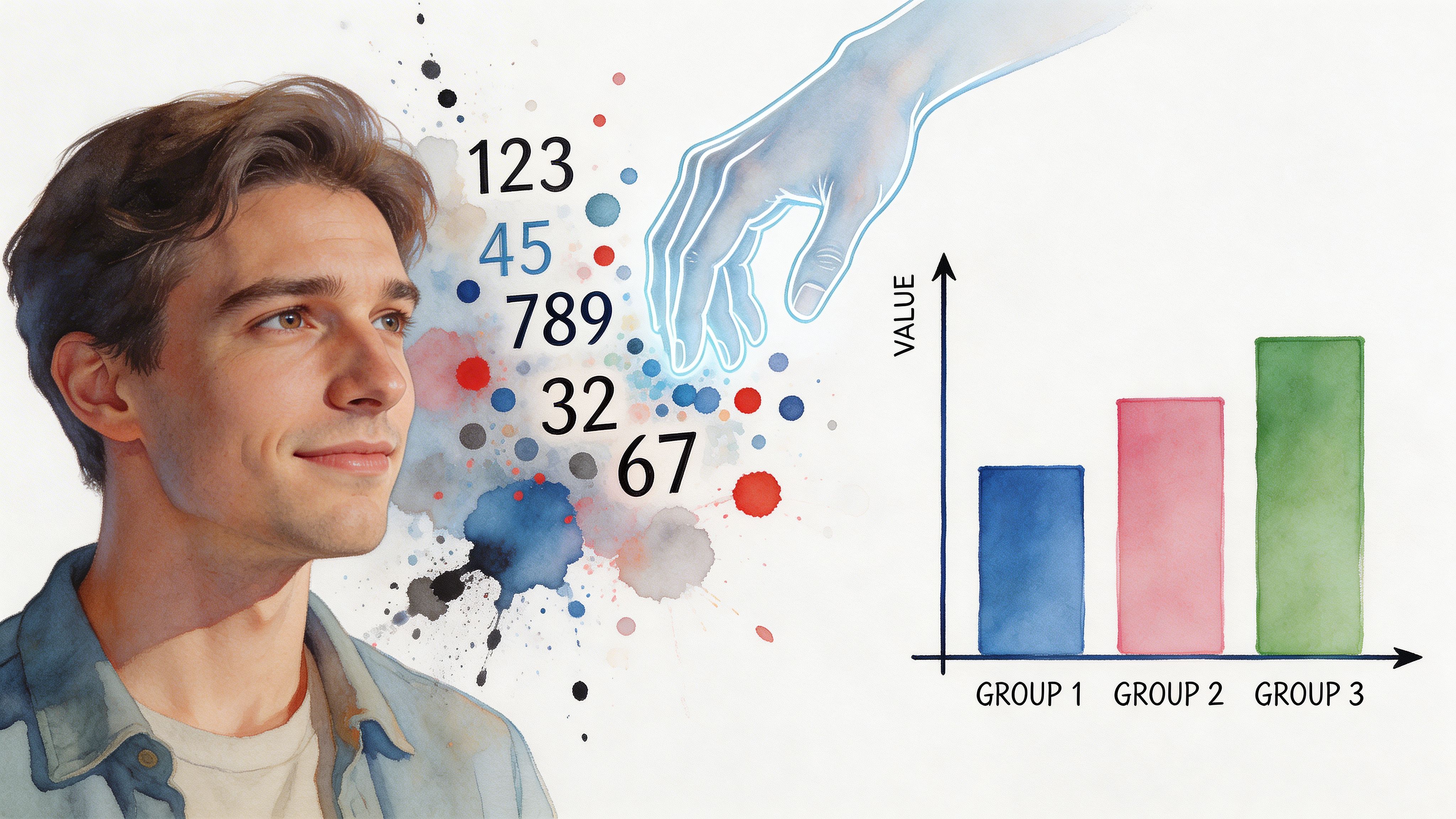 A young man looking at floating numbers and data points that are being visualized into a bar chart.
