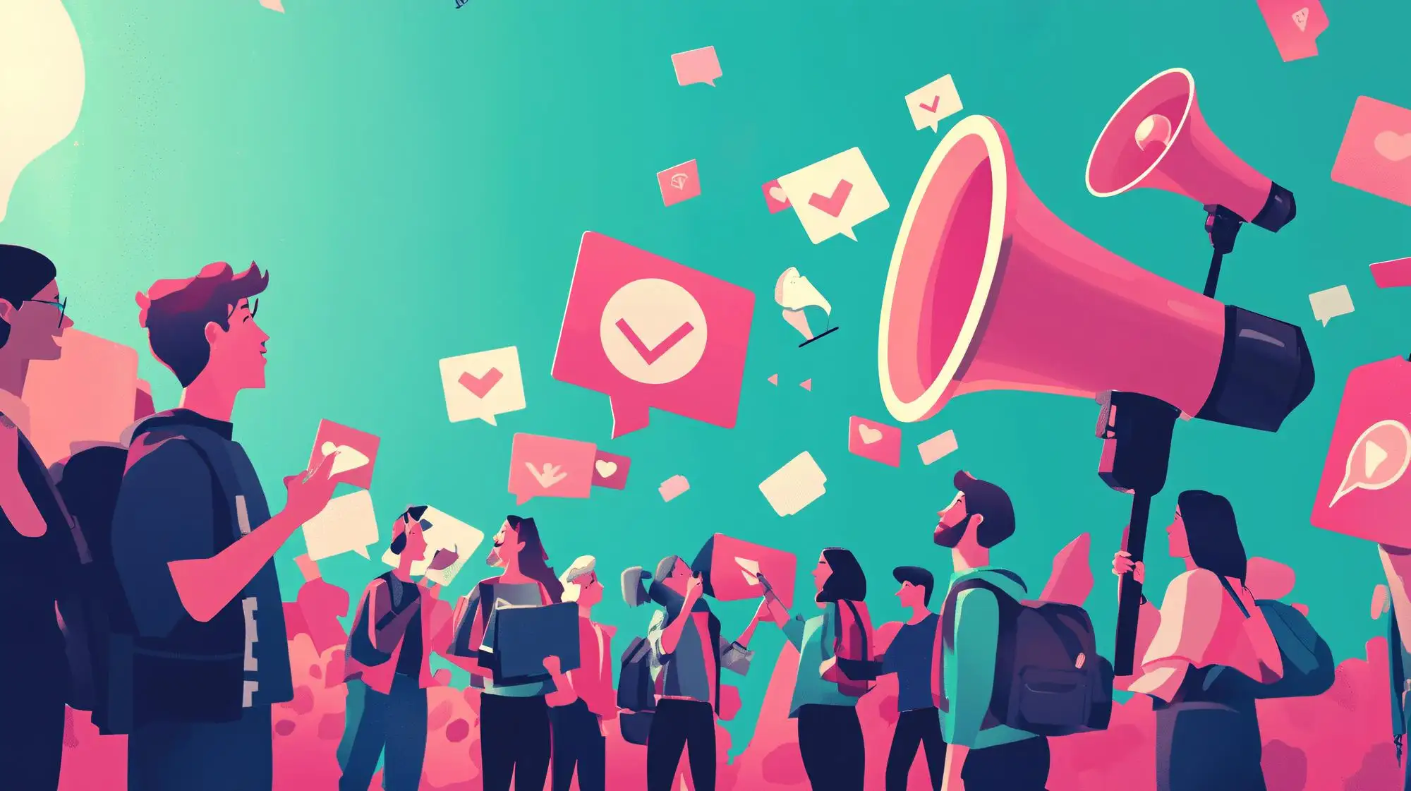 An illustration of creators and their audience engaging with social media icons, representing a TikTok Shop campaign community.