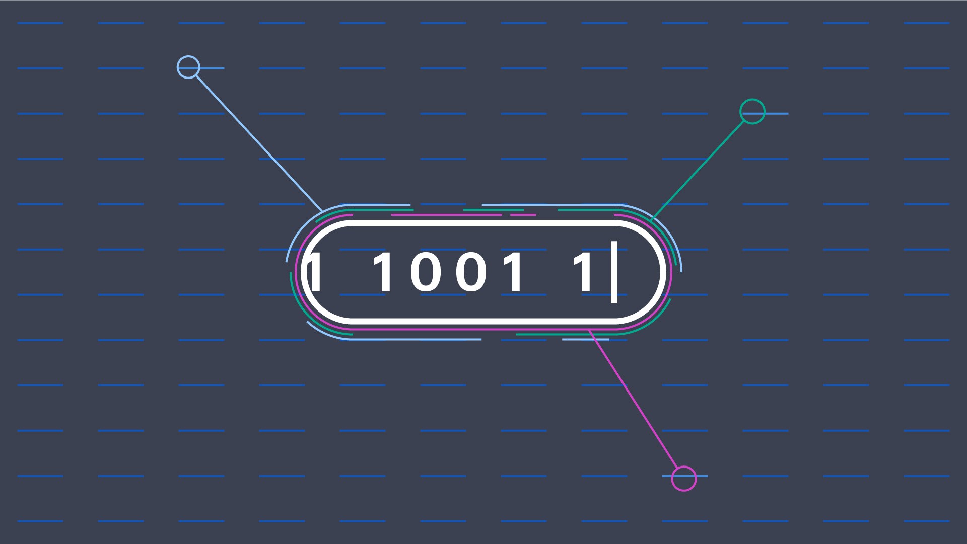 Simple illustration of a button with typed out symbols, connecting to different layers in the background.