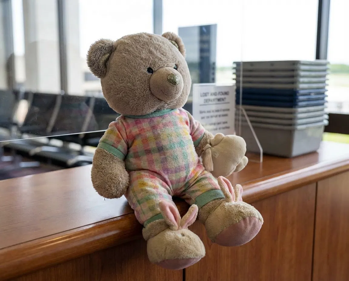 Teddy bear sitting at the lost and found counter inside Norfolk International Airport in Virginia.