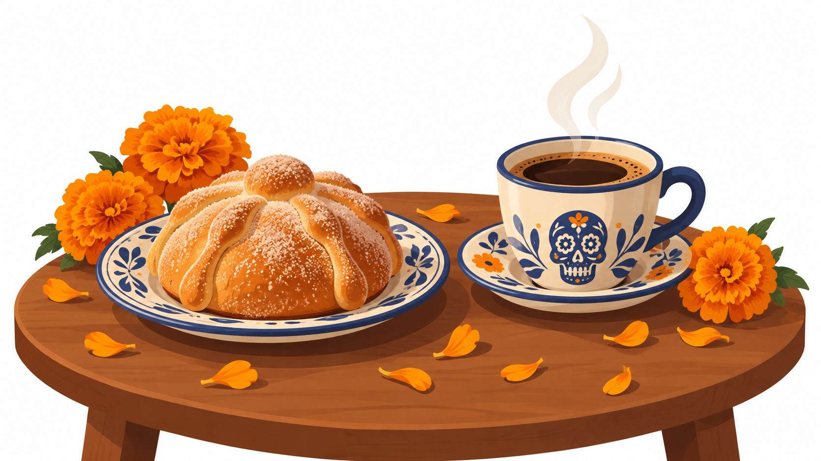Pan de muerto y una taza de café decorada con calavera sobre una mesa con flores de cempasúchil.