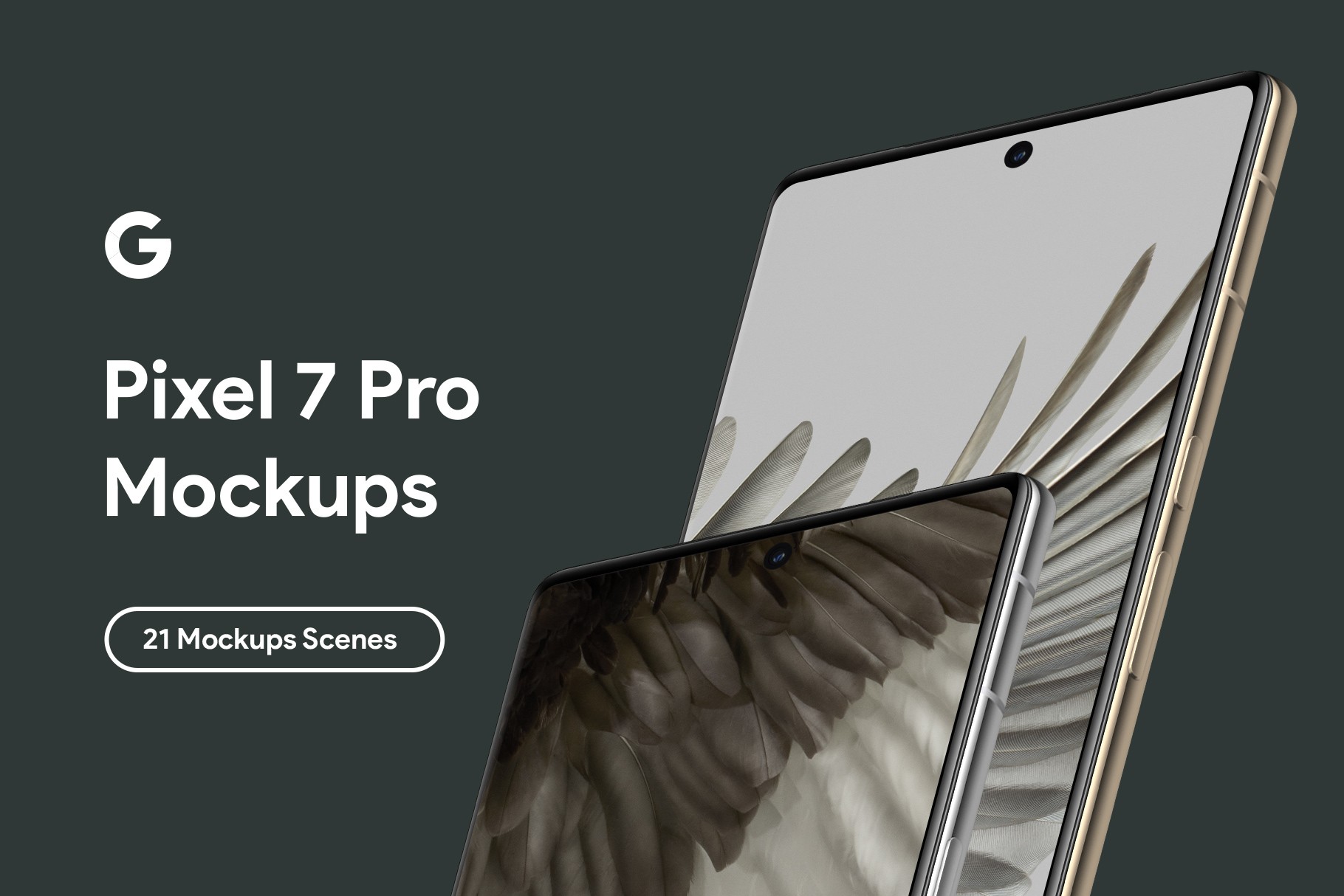 Google Pixel 7 Pro Mockups, featuring a realistic render of the device in different angles with a dark aesthetic background.