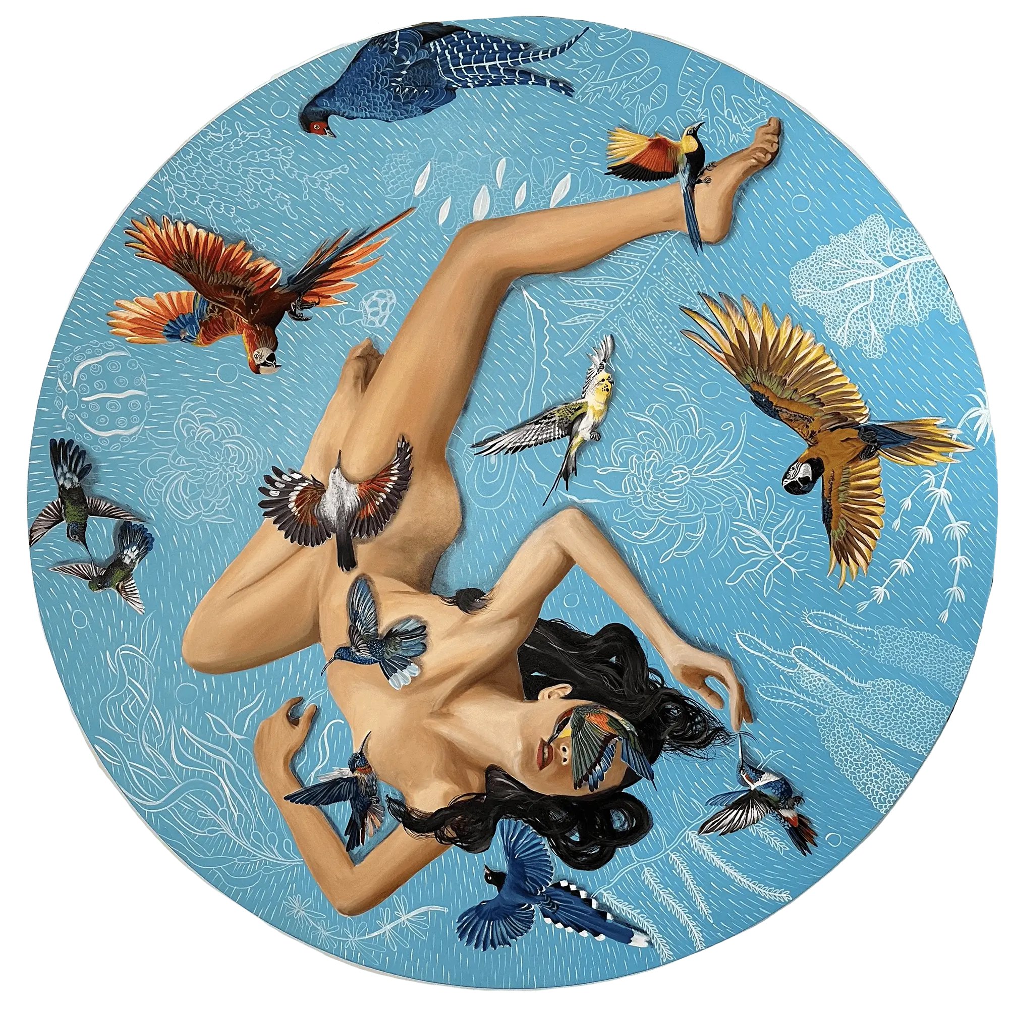 A circular painting of a reclining nude woman intertwined with a vibrant array of birds flying across her body, set against a sky-blue background etched with botanical and aquatic motifs.