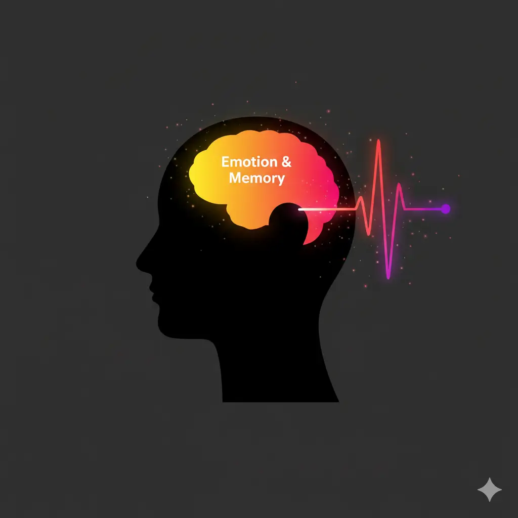 A stylized silhouette of a human head. A soundwave enters the ear and directly connects to a glowing, highlighted area of the brain labeled "Emotion & Memory," simplifying the neurological connection.