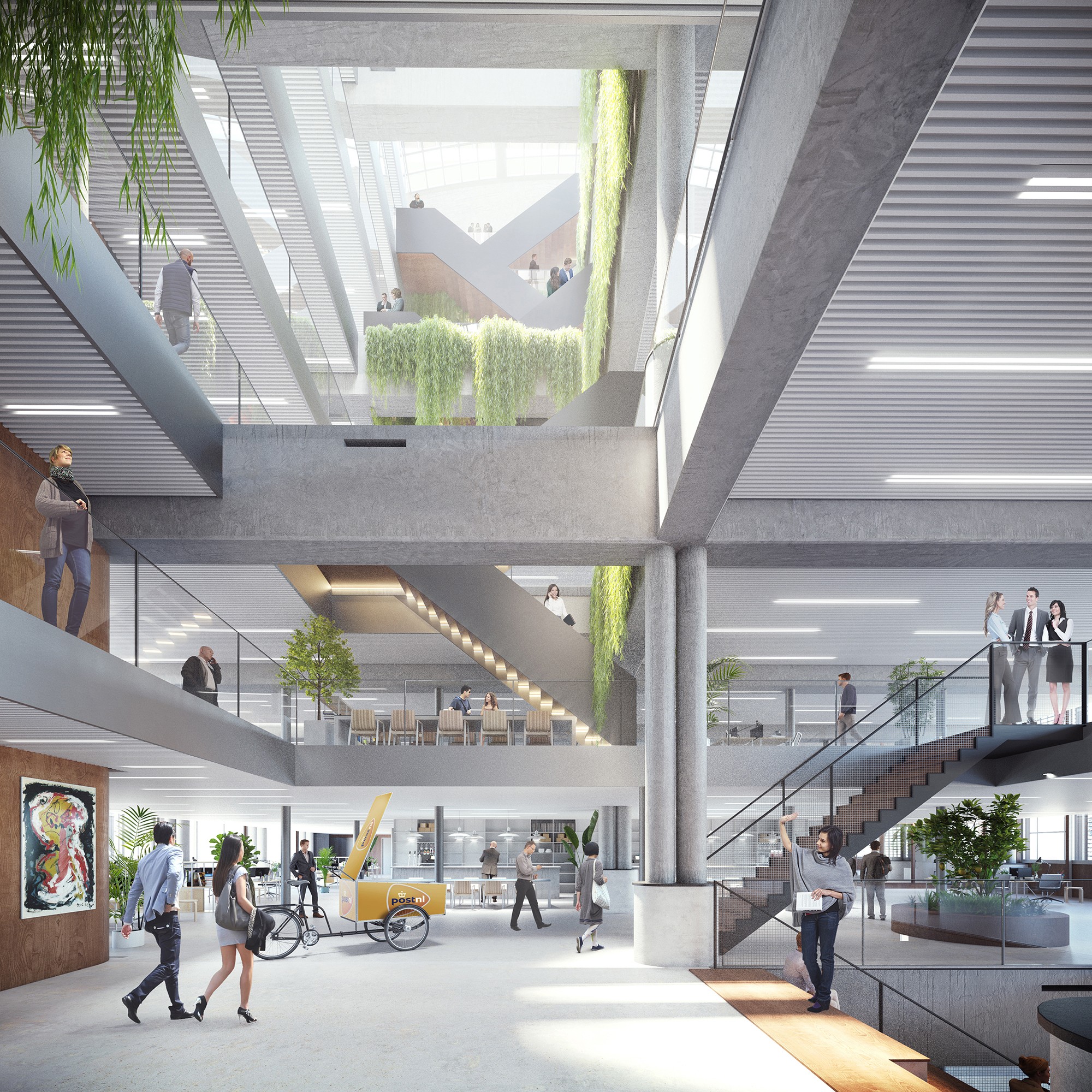 3D view of the entrance area inside the renovated stationspostgebouw